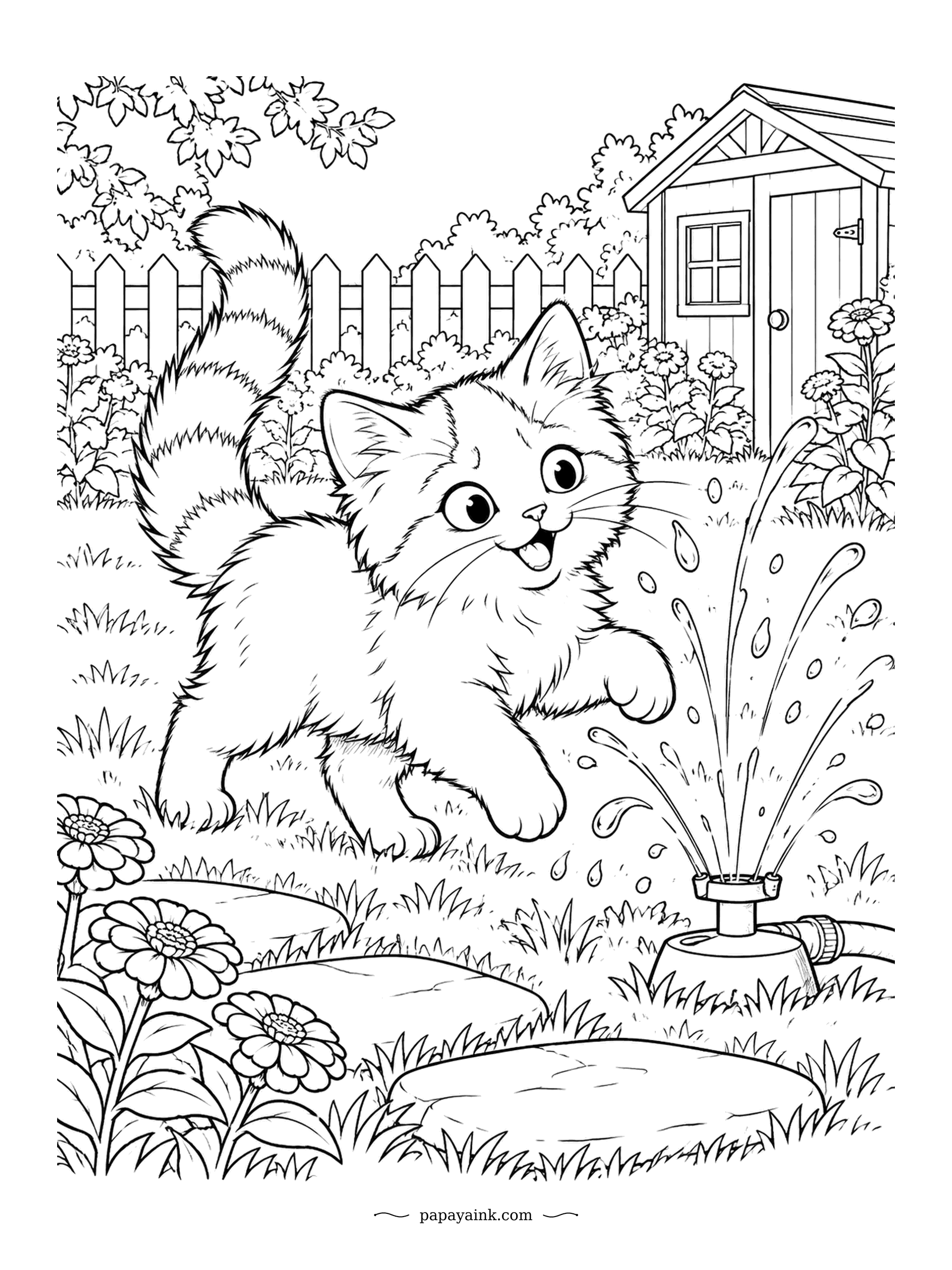 Kitten Coloring Pages - Bouncing through a lawn sprinkler, drops flying, garden shed and picket fence beyond. Turkish Vans are the cats that actually like water, and the kittens find out early. Striped tail, zinnias in the corner, plenty of grass for green.
