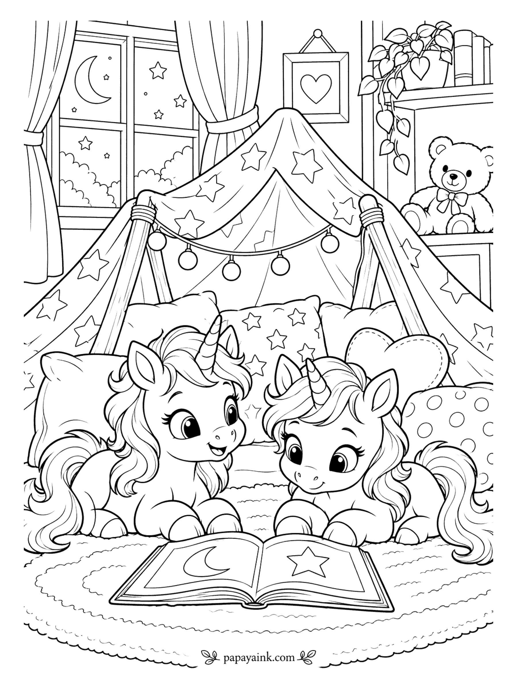 Baby Unicorn Coloring Pages - Blanket fort rules: string lights on, pillows everywhere, and the book stays open until somebody falls asleep. Two baby unicorns lie side by side inside, and a teddy bear watches from the shelf. Make the night window the darkest part, and the fort will glow.