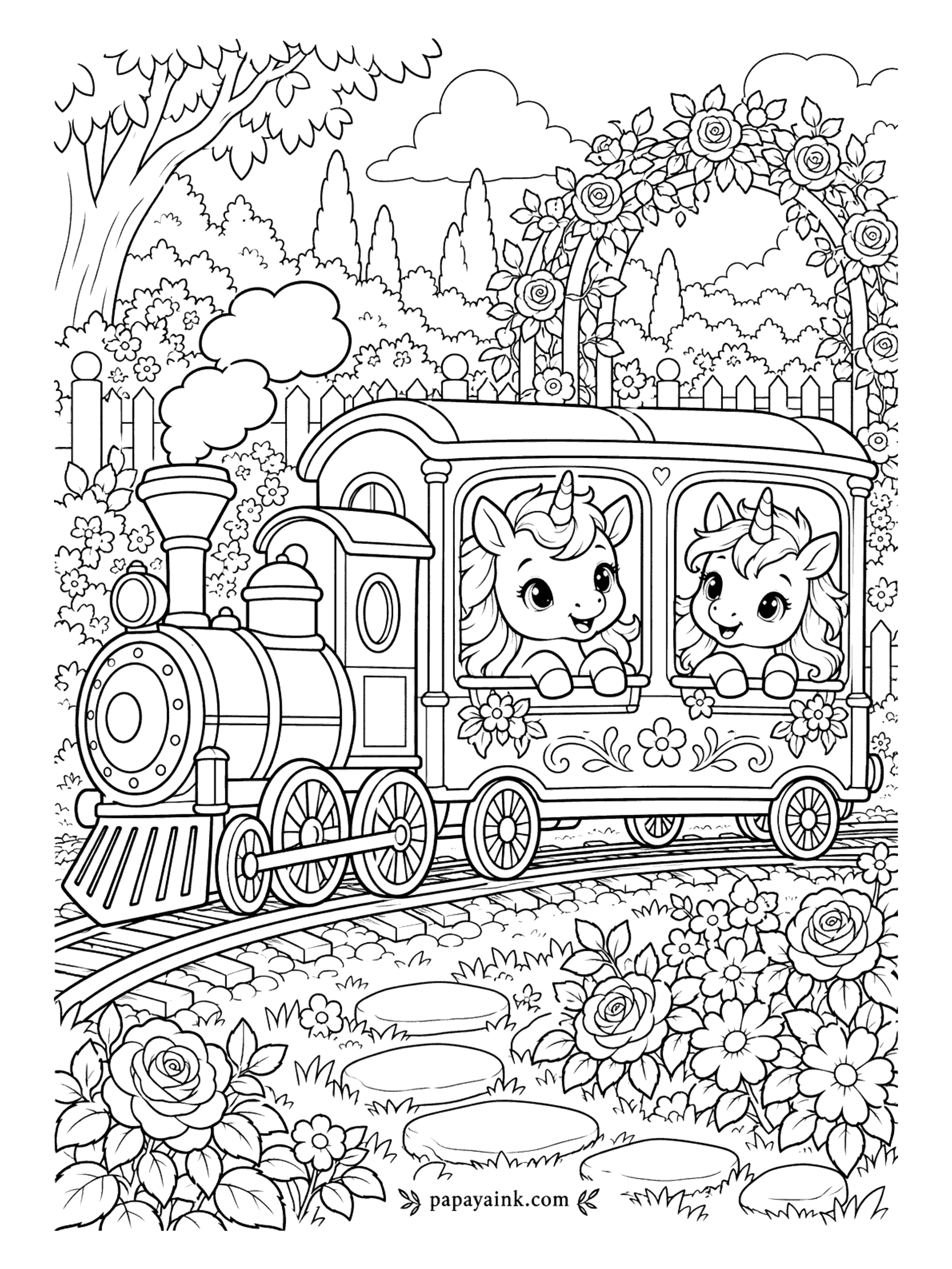 Baby Unicorn Coloring Pages - All aboard the garden express: two passengers, no tickets checked. A little steam engine puffs past rose arches and stepping stones while both baby unicorns lean out of the windows. Detailed - wheels, roses and carriage trim.
