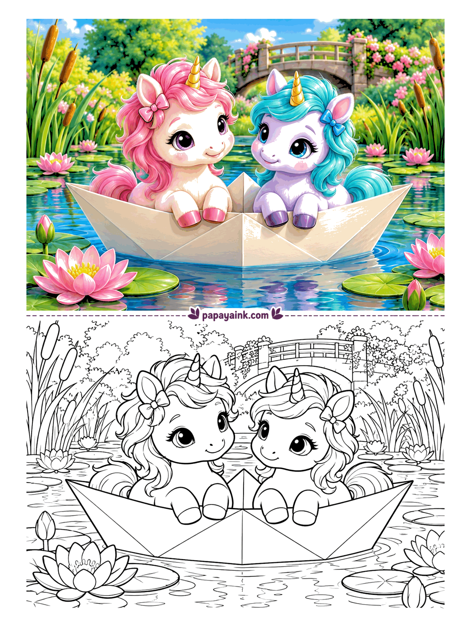 Baby Unicorn Coloring Pages - Paper boat, quiet pond, best friend aboard - that is the whole plan for the afternoon. The two foals sail with matching bows past water lilies, a stone bridge arching behind them. Pick two very different mane colors so the friends do not blend together.