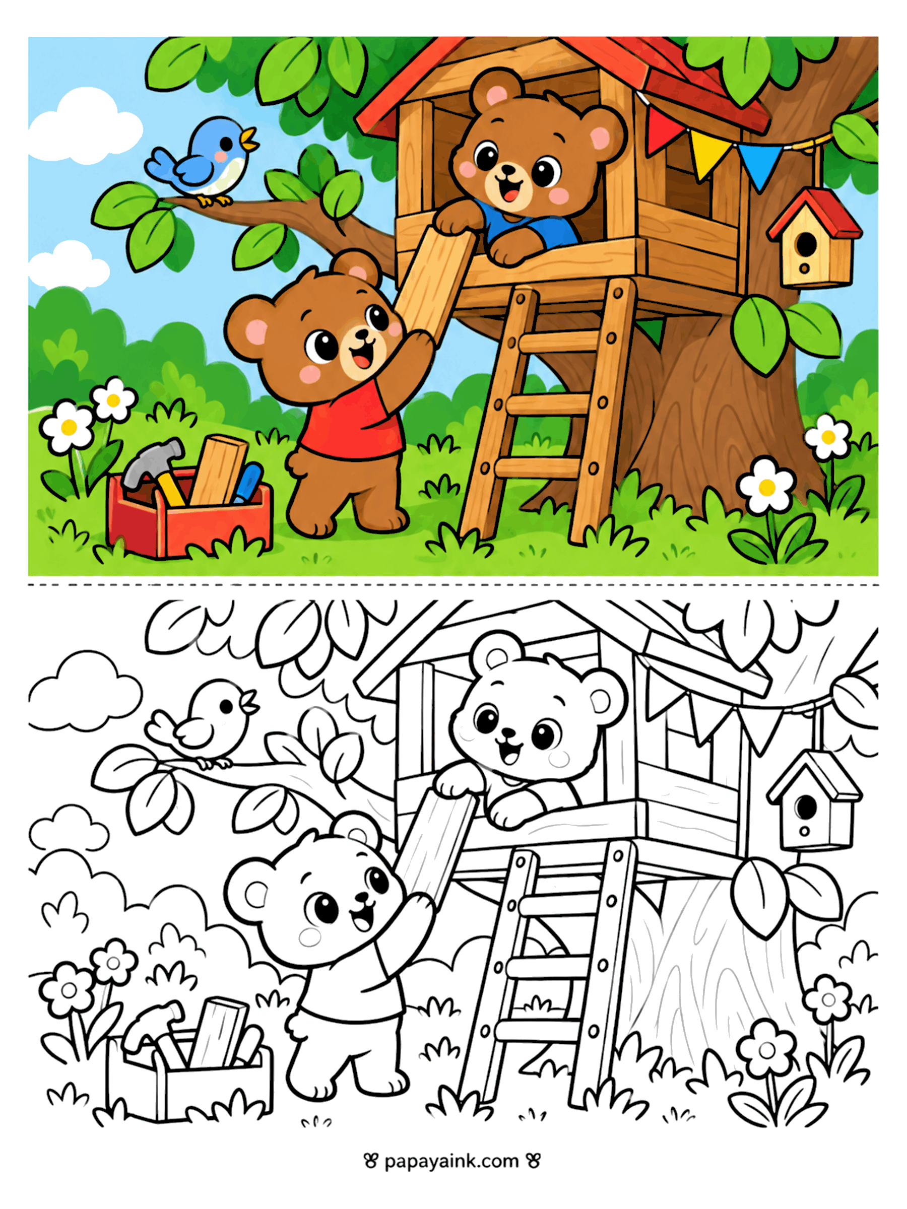 Bear Coloring Pages - Two bear cubs build a treehouse with a ladder, a toolbox and pennants, a bluebird singing on the branch. Detailed.