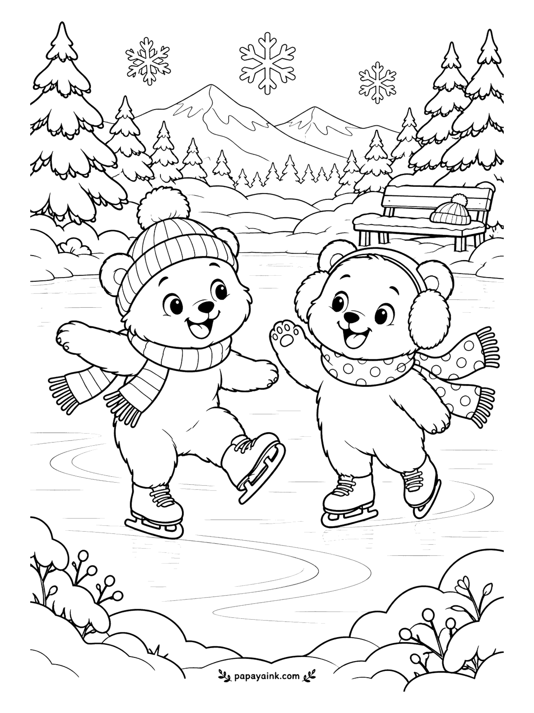 Bear Coloring Pages - One cub in a pom-pom hat, one in earmuffs, and neither is thinking about how to stop. They cross a frozen pond with scarves flying, past a snowy bench and a row of fir trees. Stripes and polka dots are waiting for your brightest colors.