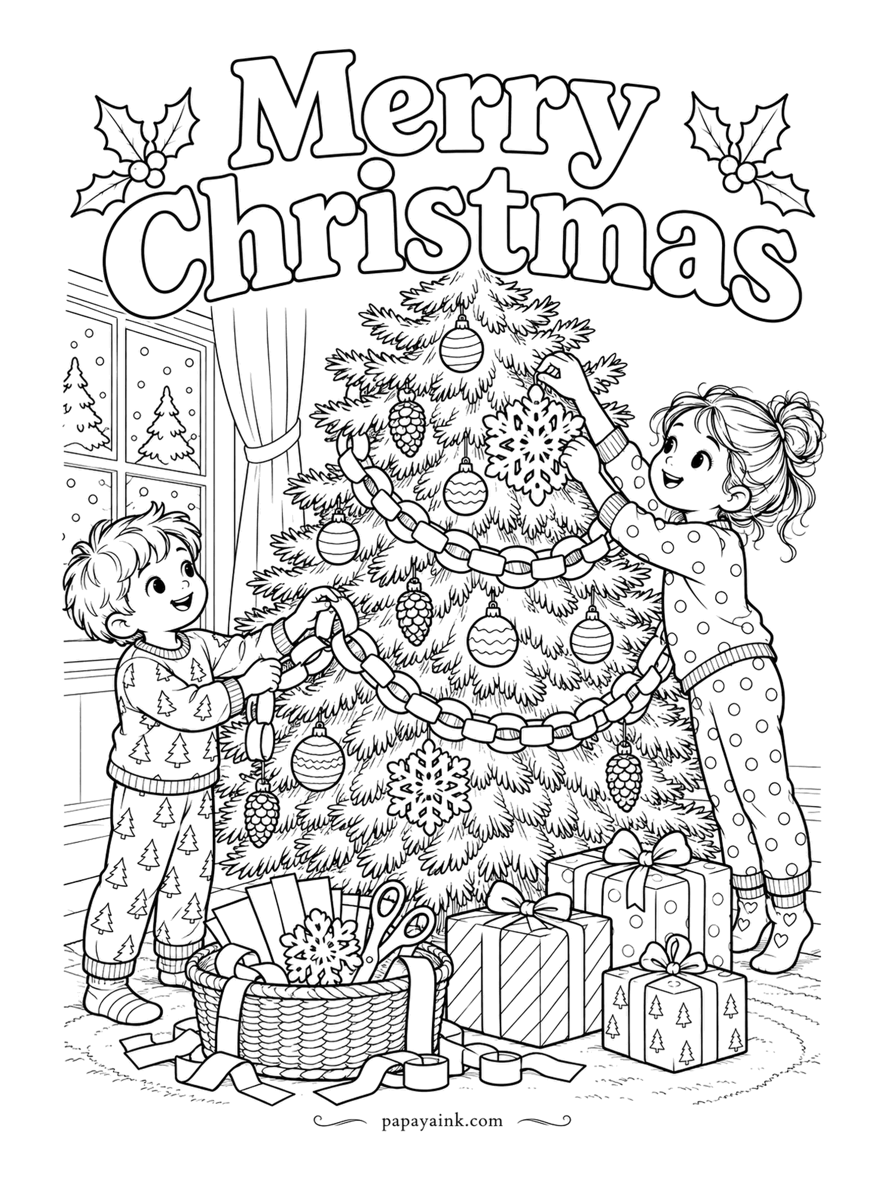 Merry Christmas Coloring Pages - Paper chains and cut-out snowflakes, made that afternoon and going straight onto the tree. Both decorators are already in pajamas. Detailed - make the chain links alternate colors, the way real ones always do.