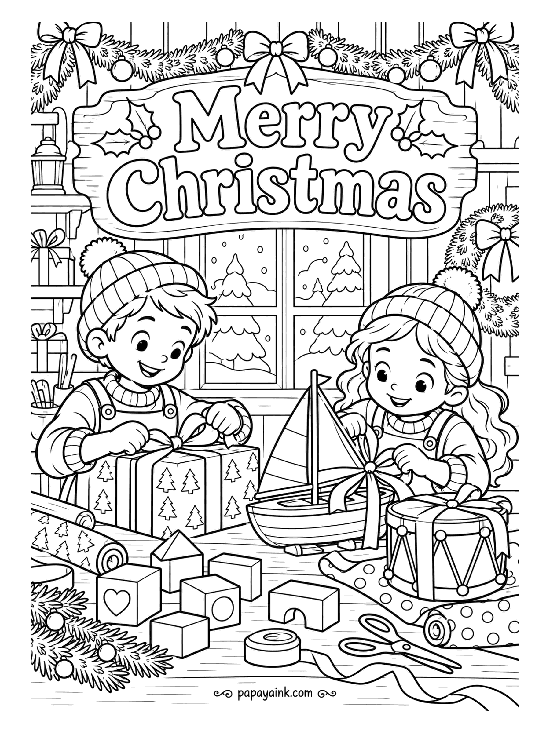 Merry Christmas Coloring Pages - Bobble hats on, two helpers finish the last toys - a sailboat, a drum, a set of blocks - and tie each one with ribbon. Snow falls past the workshop window. Detailed - knitted sweaters look good in two-tone stripes.