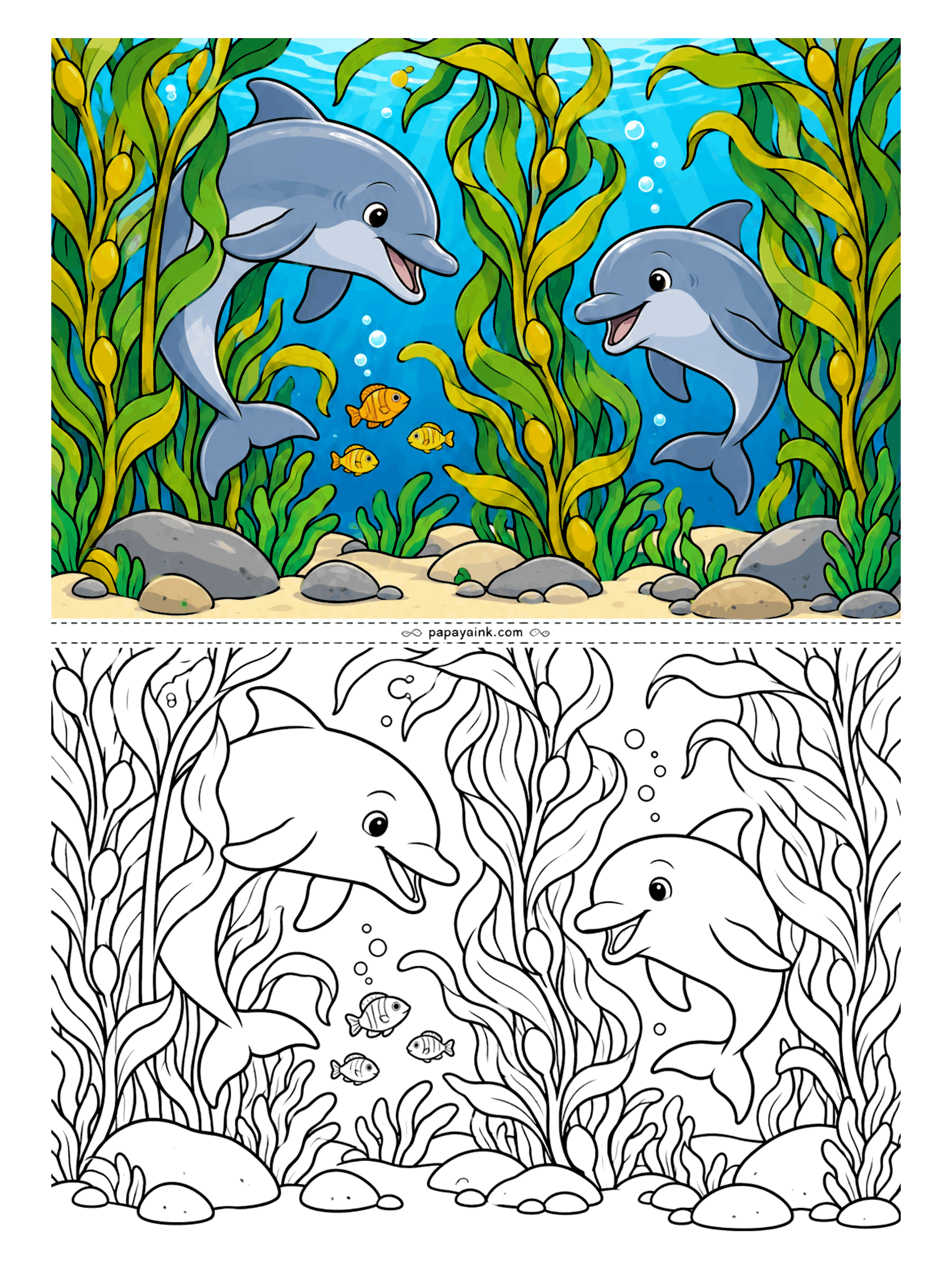 Dolphin Coloring Pages - Hide-and-seek in a kelp forest has one flaw: dolphins have to come up for air, so nobody stays hidden for long. Two friends peek between the tall stalks while small fish keep score. Plenty of long ribbons to fill with greens and olives.