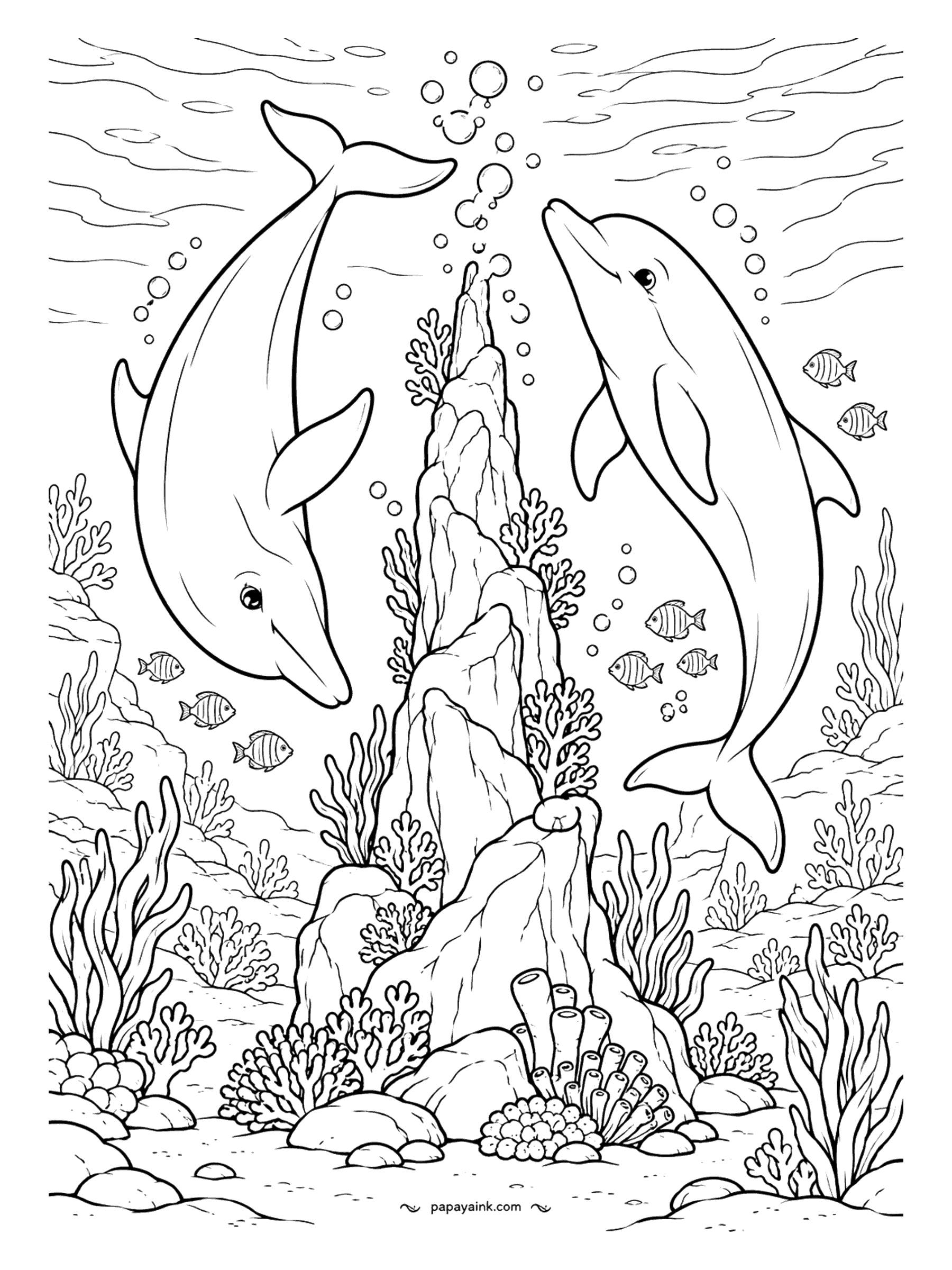Dolphin Coloring Pages - Around a tall rock spire, two dolphins spin in opposite directions, one heading down while the other comes up, like dancers sharing a pole. Reef fish dart through the gap. Detailed - coral on every ledge of the spire.