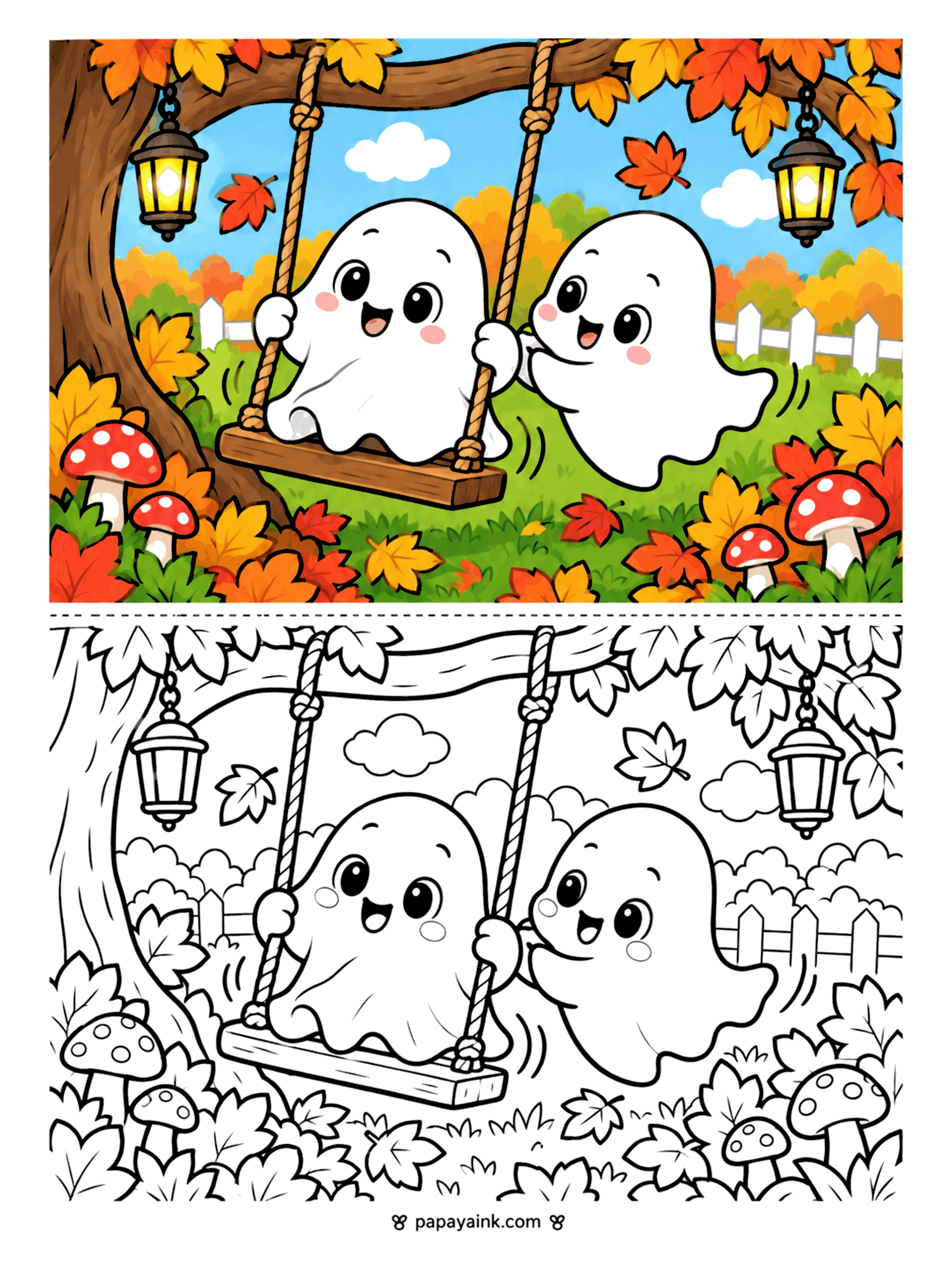 Ghost Coloring Pages - Two ghosts play on a rope swing under a big autumn tree with hanging lanterns, red-capped mushrooms, and drifting leaves. Detailed.