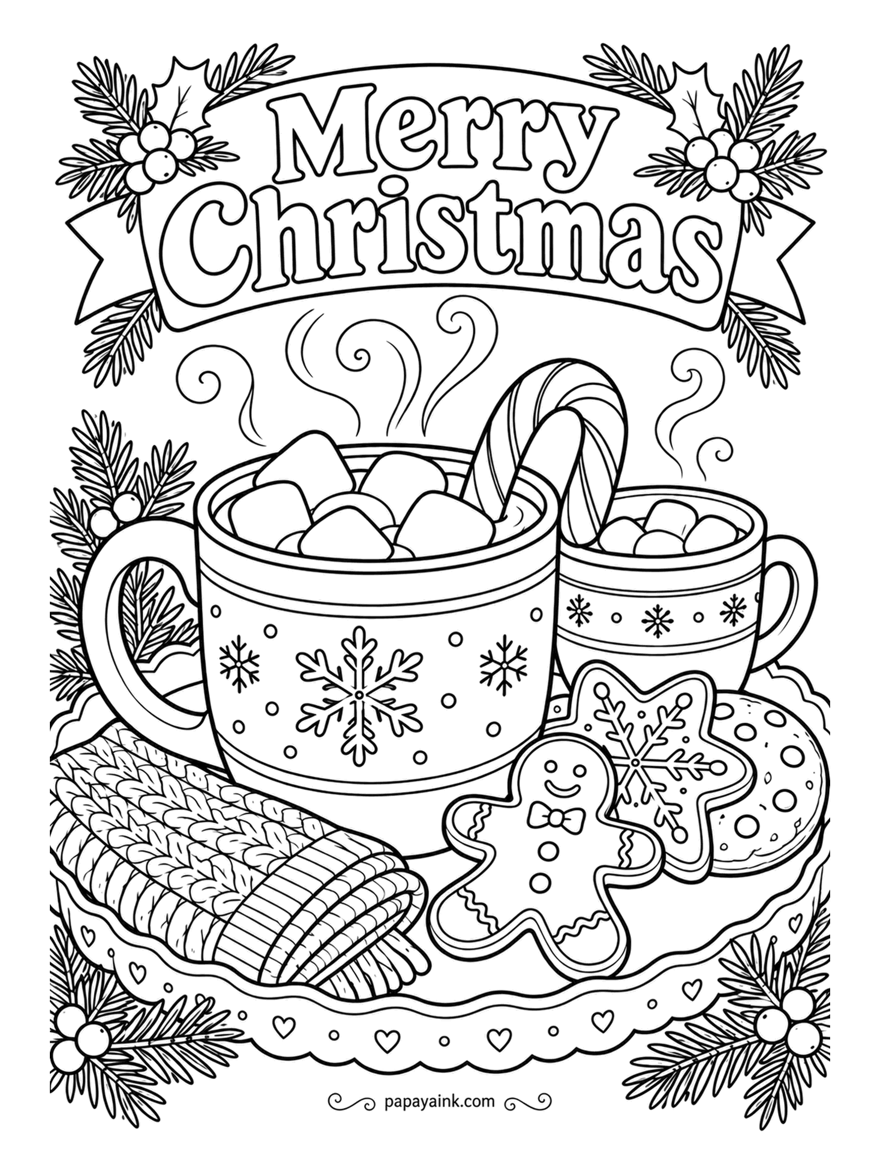 Merry Christmas Coloring Pages - Marshmallows piled high, a candy cane for stirring, and a gingerbread man who has seen what happens to cookies. Knitted mittens rest on the tray. Detailed - brown the cocoa in layers, lighter toward the rim.