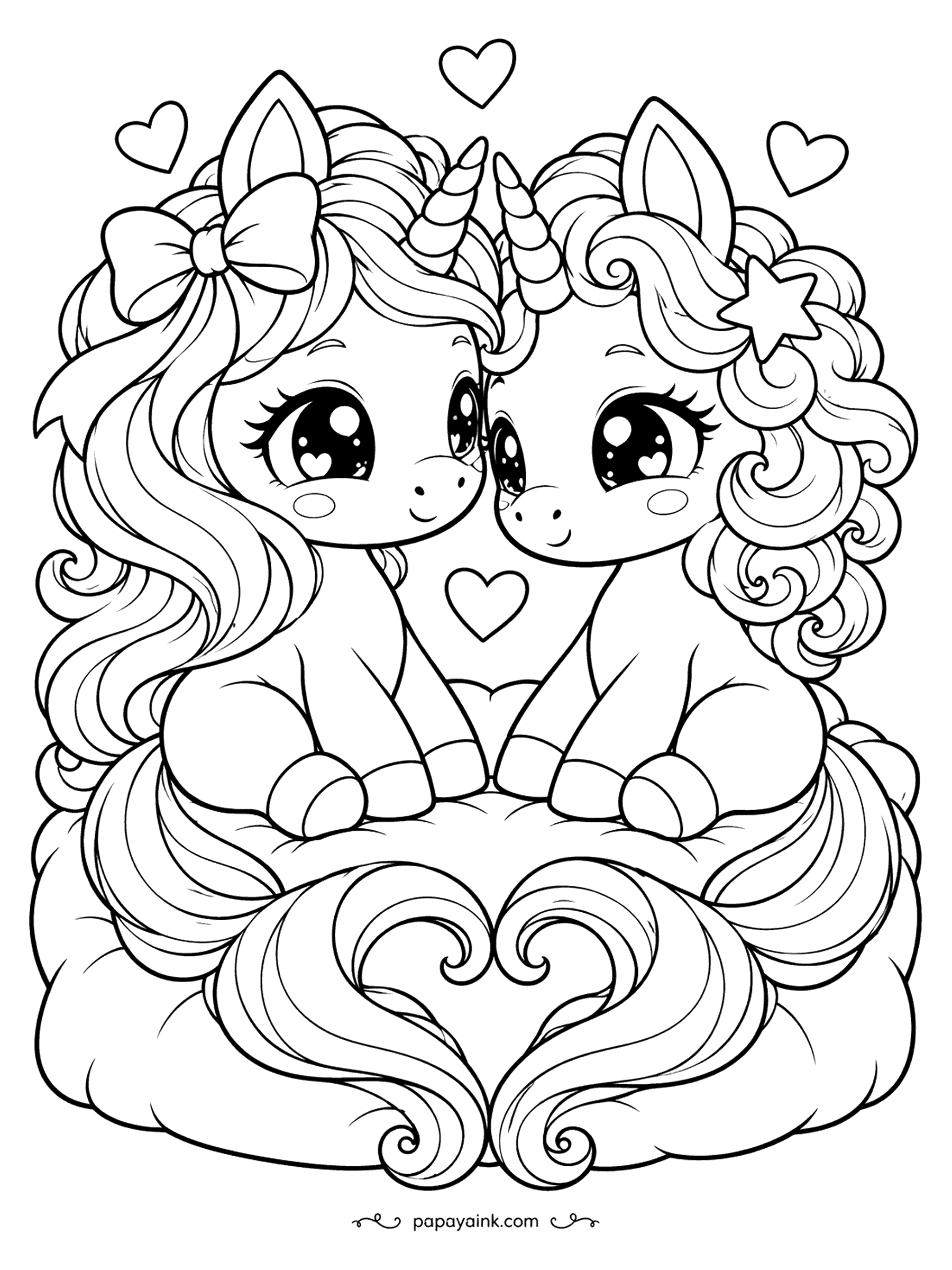 Kawaii Unicorn Coloring Pages - Best friends on a cloud, two unicorns lean cheek to cheek while their tails curl into a shared heart below. A chance to color two manes in opposite palettes. The cloud itself reads cleanest left mostly white with a pale blue edge.