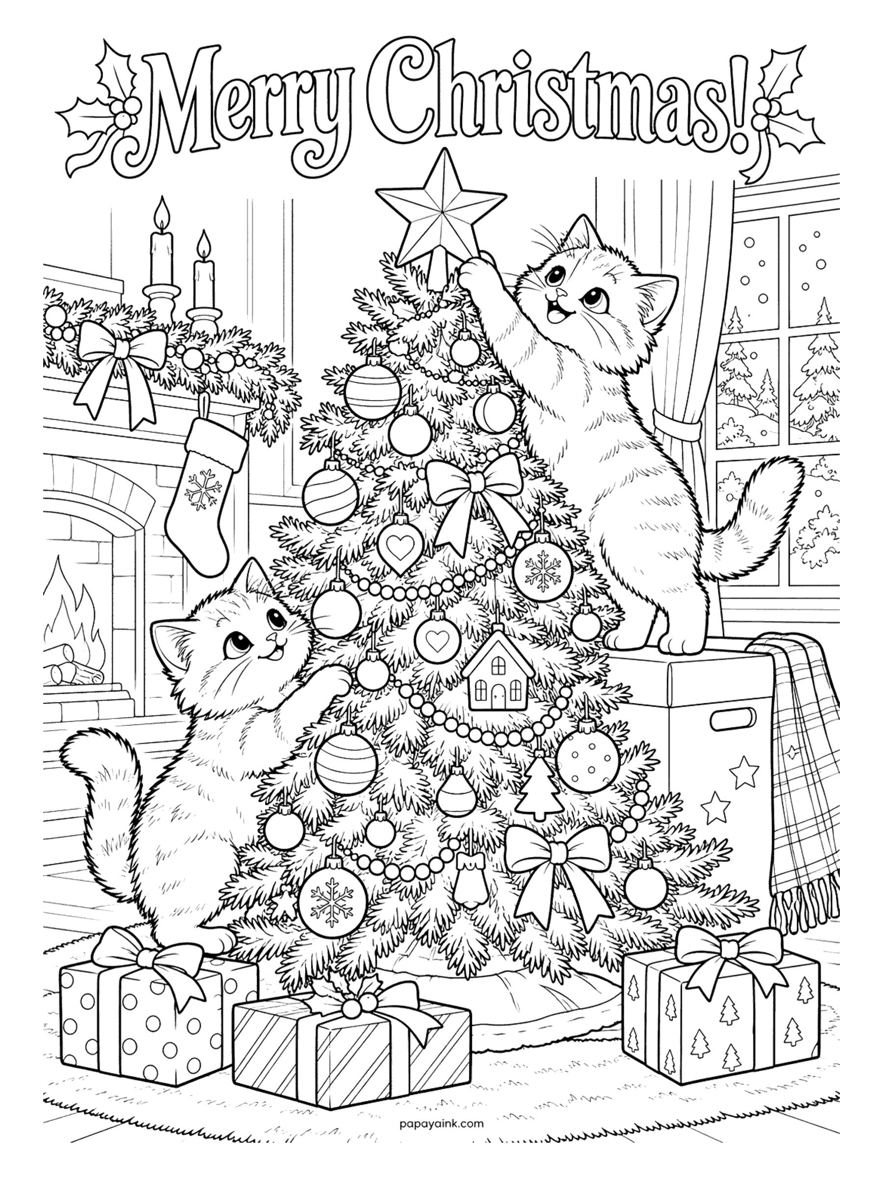 Merry Christmas Coloring Pages - Two kittens decorate a Christmas tree, one placing the star on top from a box and the other hanging ornaments near a cozy fireplace. Detailed