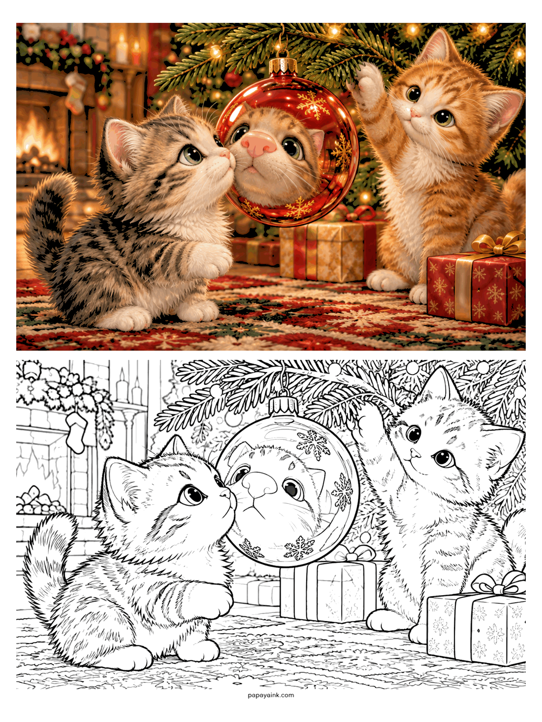 Cute Christmas Coloring Pages - Two kittens stare into a shiny Christmas ornament that reflects a curious face back at them. Detailed.