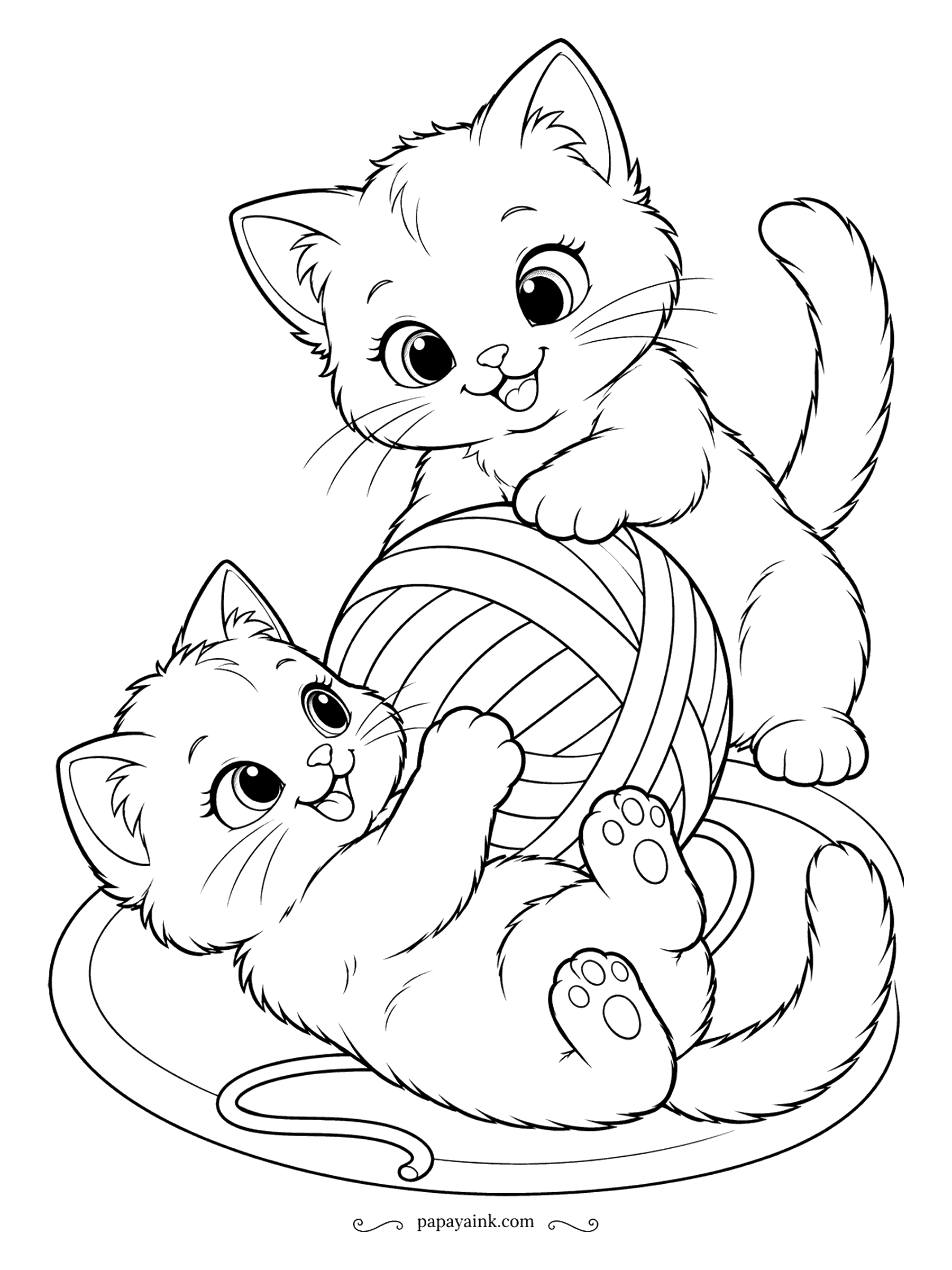 Kitten Coloring Pages - The yarn ball is bigger than either kitten, which has not slowed them down. One kitten climbs on top, the other lies underneath with all four feet in the air, and a loose strand circles the rug. Two kittens means two coat colors.
