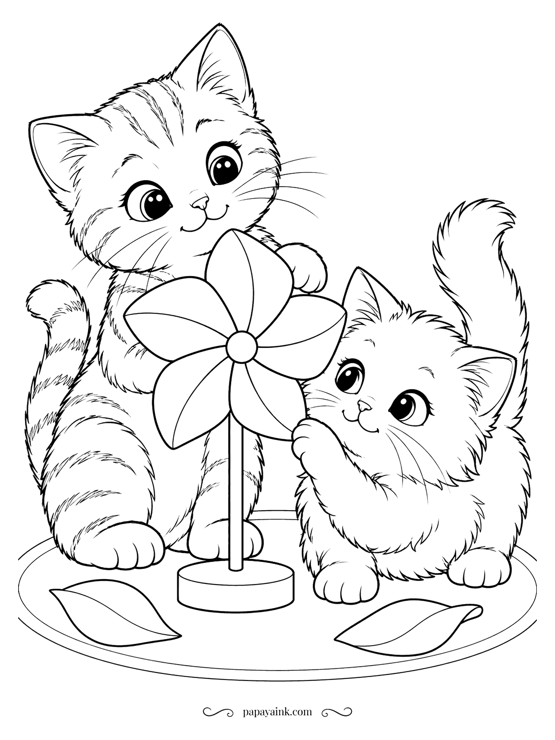 Kitten Coloring Pages - The flower pinwheel on its stand has two owners now. A tabby kitten reaches for the top blade from behind while a fluffy kitten pushes another from below, and a few petals already lie on the rug. Rainbow blades are the classic choice.