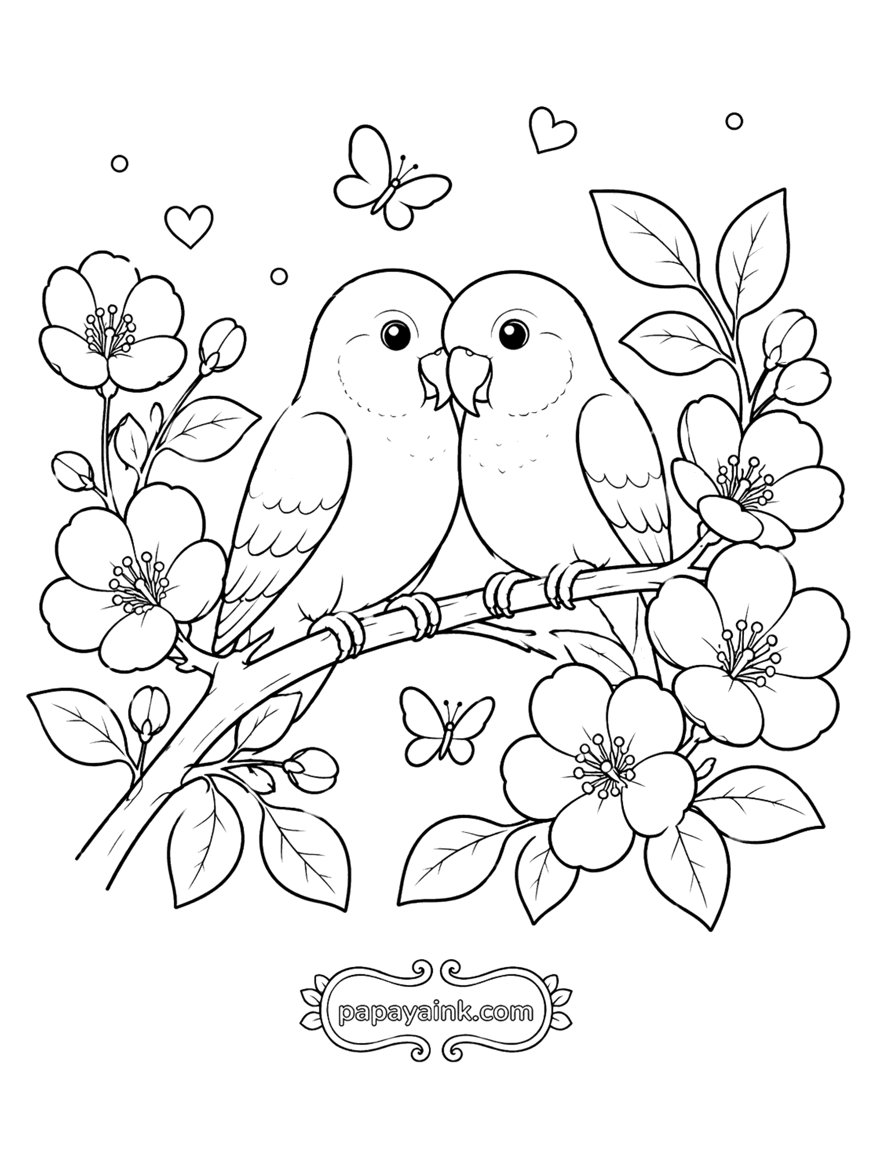 Bird Coloring Pages - Two Lovebirds on a Blossom Branch
