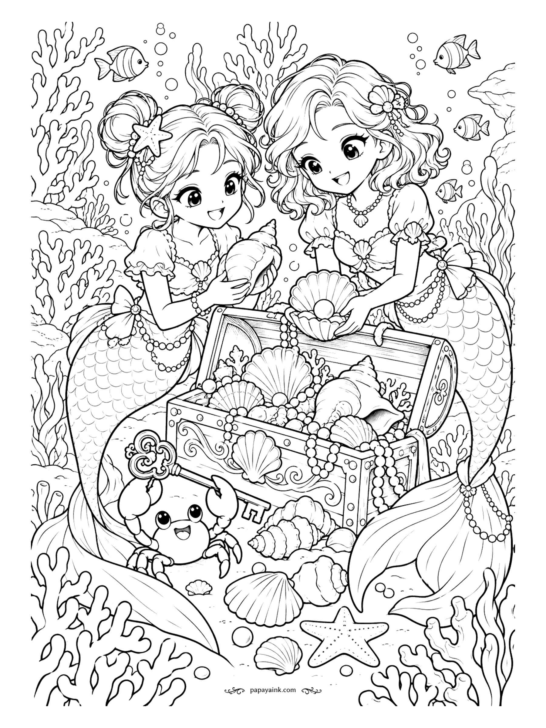 Cute Mermaid Coloring Pages - Inside the old chest: not gold, but scallops, conches and ropes of pearls. Two friends sort through the find while a crab marches off with the key. Detailed.