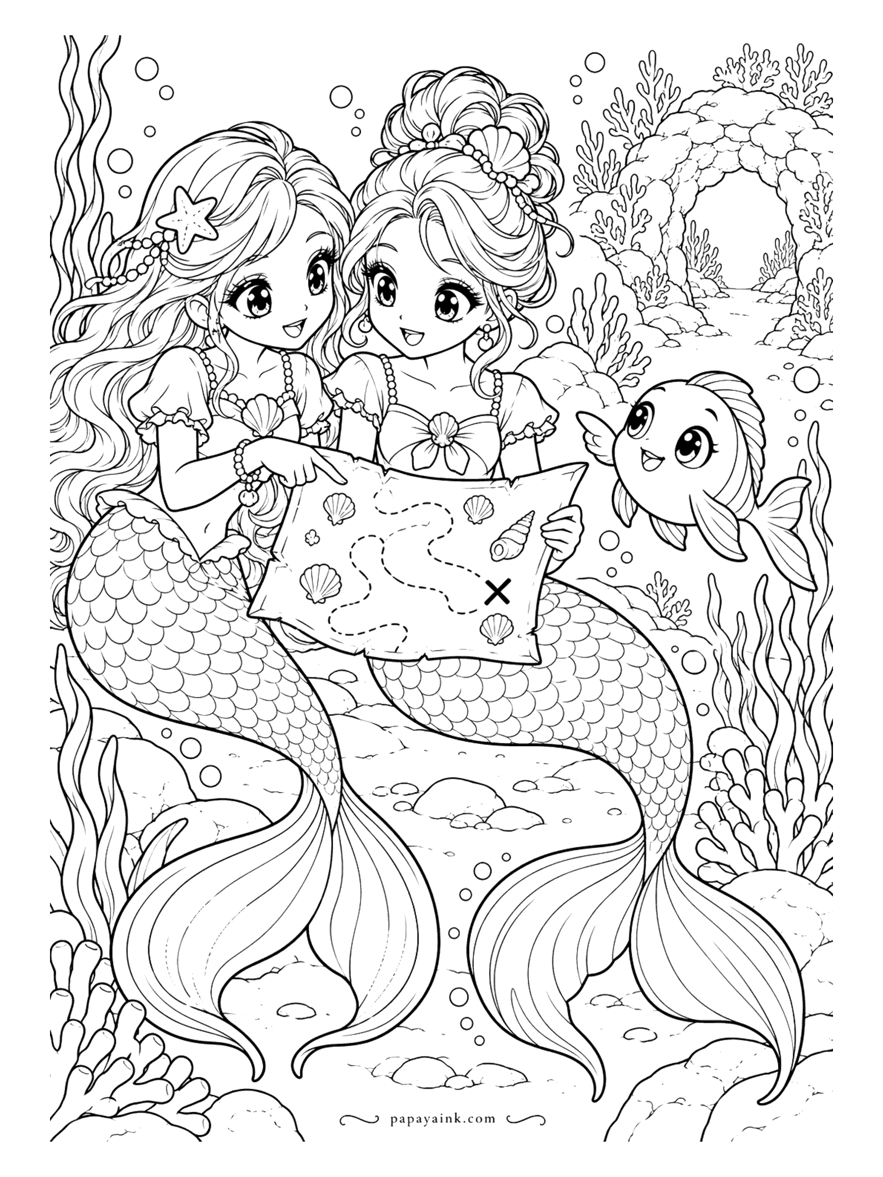 Cute Mermaid Coloring Pages - X marks the spot. Two mermaids trace the dotted line across an old map, a curious fish reads along, and a rocky archway waits in the distance.