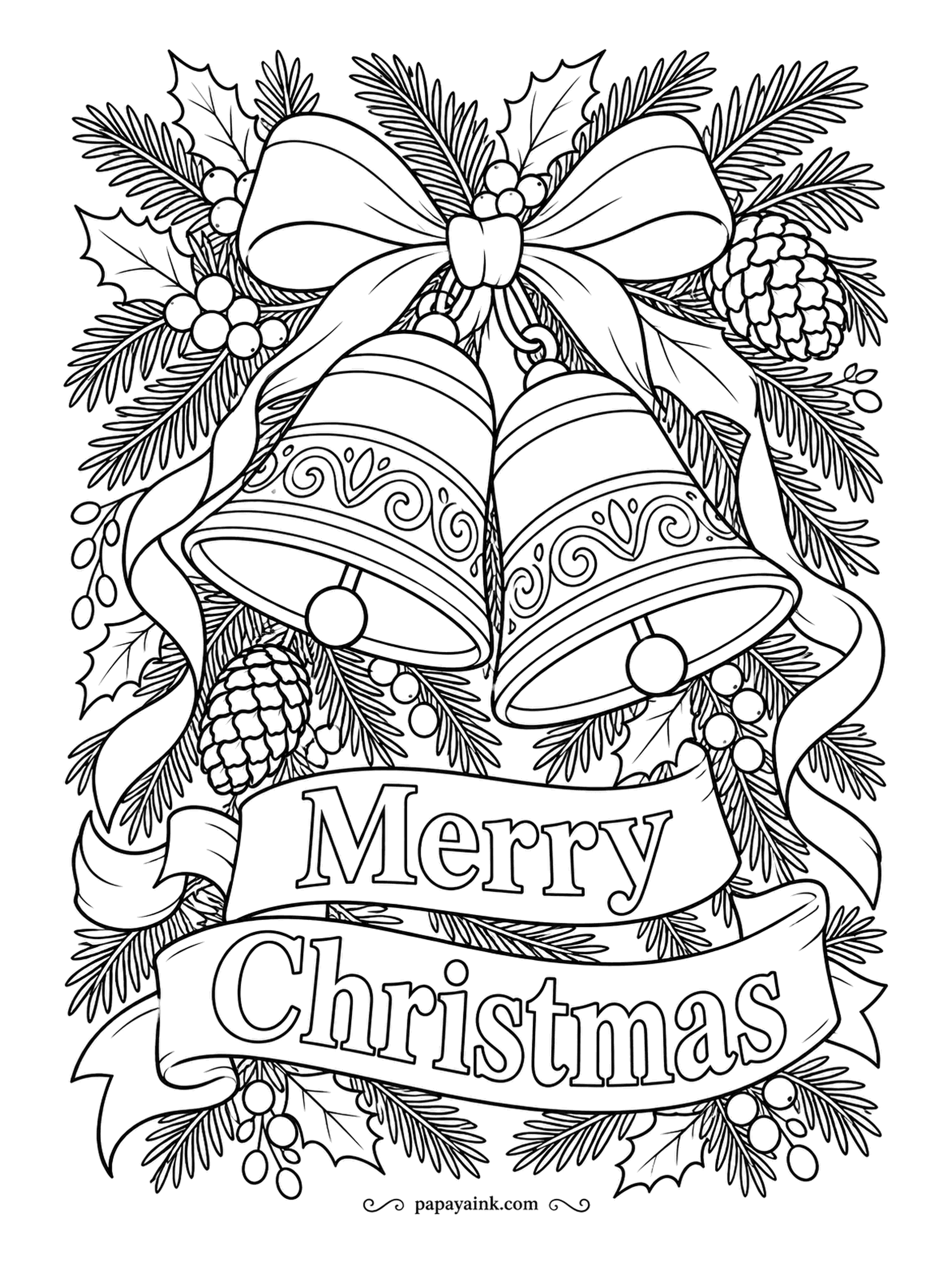 Merry Christmas Coloring Pages - Engraved bells hang in a pair under a wide satin bow, with pinecones tucked into the fir. Merry Christmas runs across a ribbon banner below. Detailed - shade the bells from pale yellow to deep amber and they turn to brass.