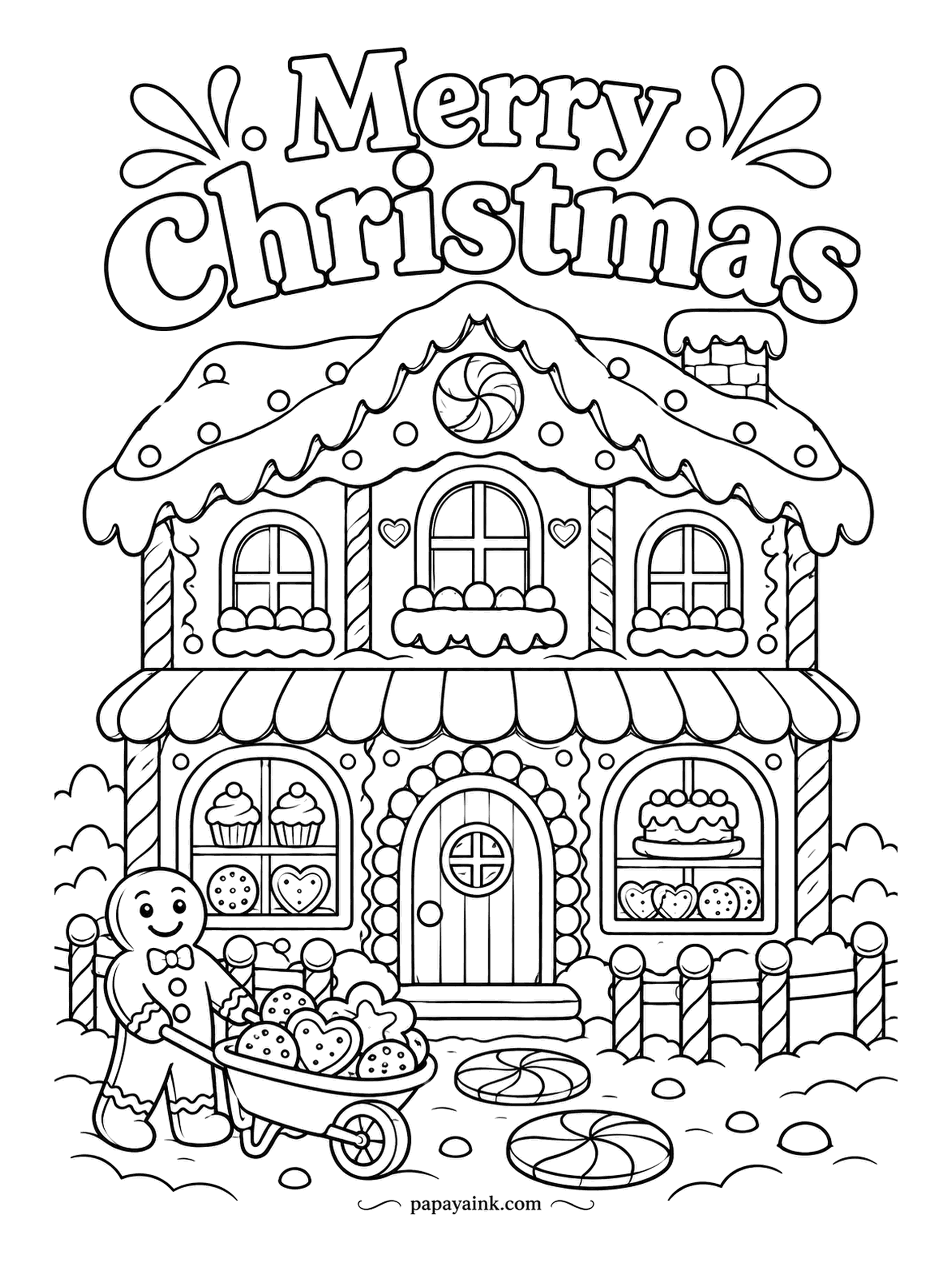 Merry Christmas Coloring Pages - Out comes the gingerbread baker with a barrow of fresh cookies, in front of a shop with cupcakes in one window and a layer cake in the other. Thick outlines, simple forms. Striped awning in pink and white, naturally.