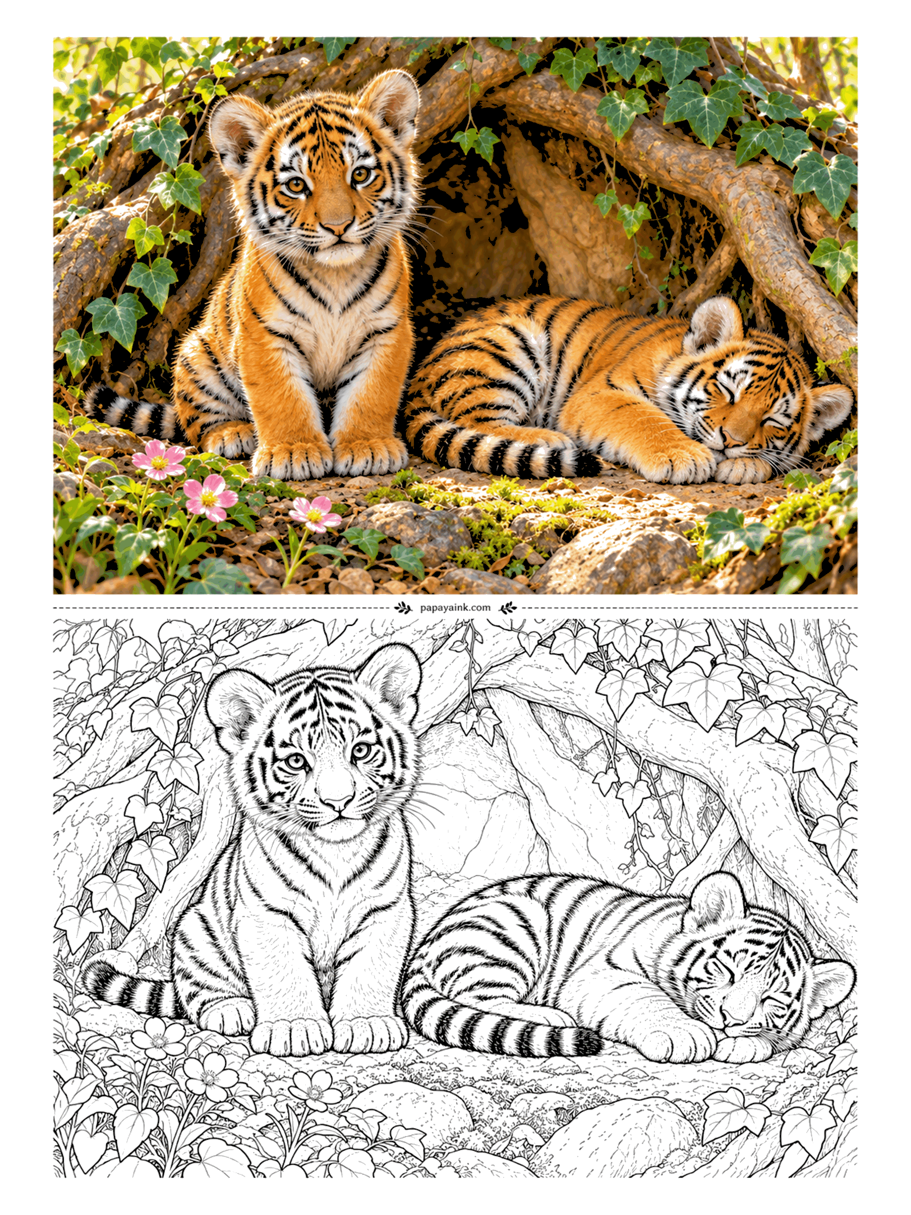 Tiger Coloring Pages - Two cubs at home under a roof of tree roots and ivy. One sits up front on guard duty; the other gave up and fell asleep on his own paws. Ivy leaves are simple shapes, the bark and moss take longer.