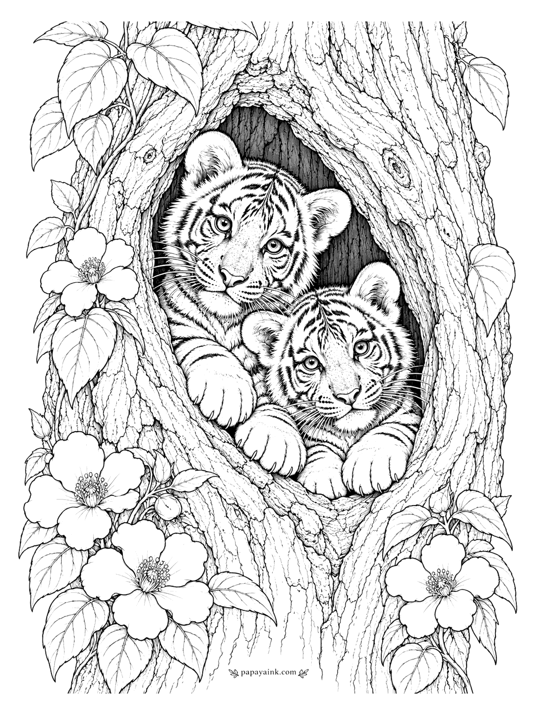 Tiger Coloring Pages - Two tiger cubs peek out of a hollow in a gnarled old tree, with climbing wild roses and leaves all around. Detailed: rich bark texture for pencil work.