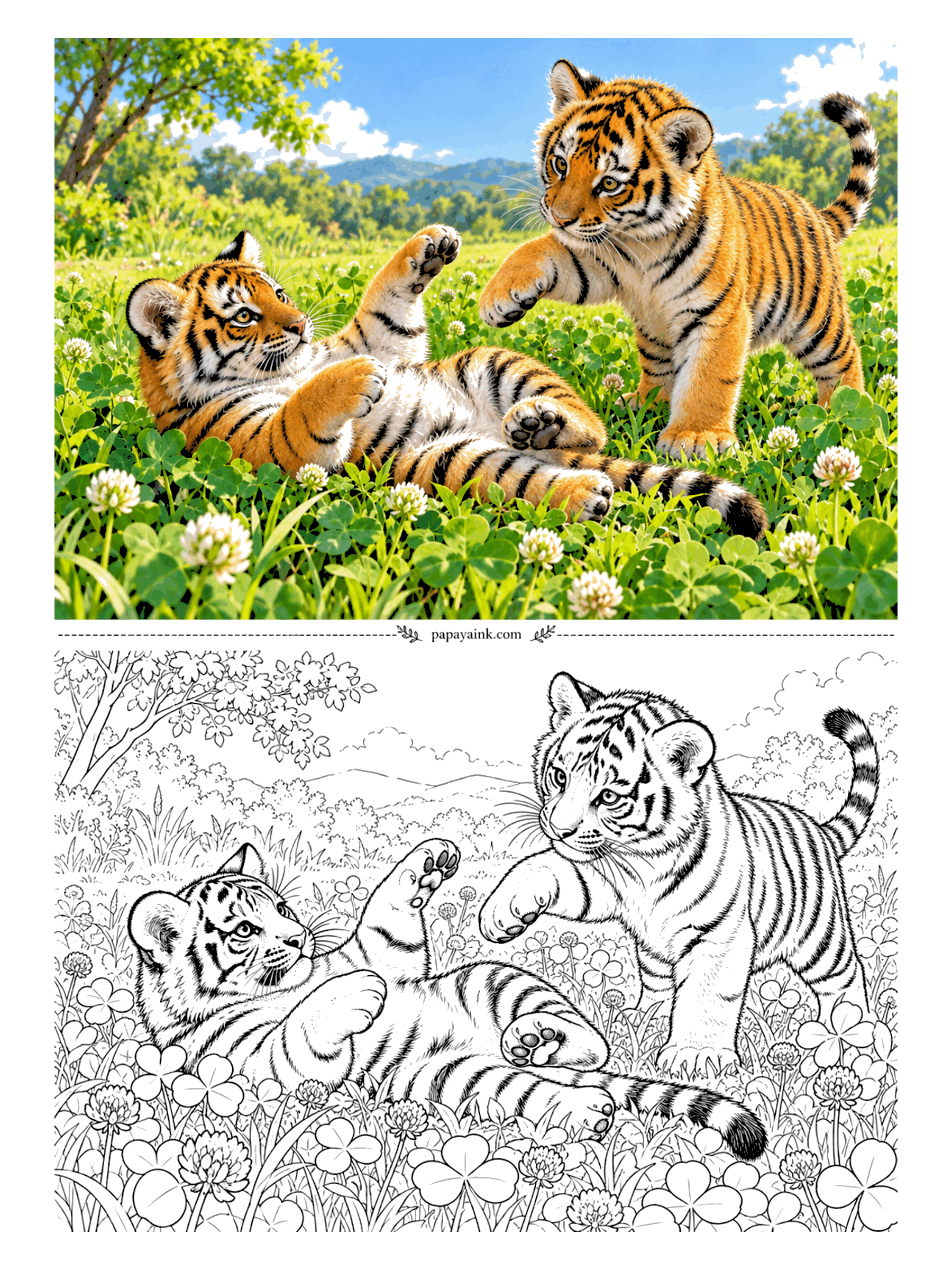 Tiger Coloring Pages - Round one in the clover. The cub on his back has all four paws up and is clearly losing; the one on top is being careful not to win too fast. Toe pads are showing, so keep a pink or dark brown pencil handy.