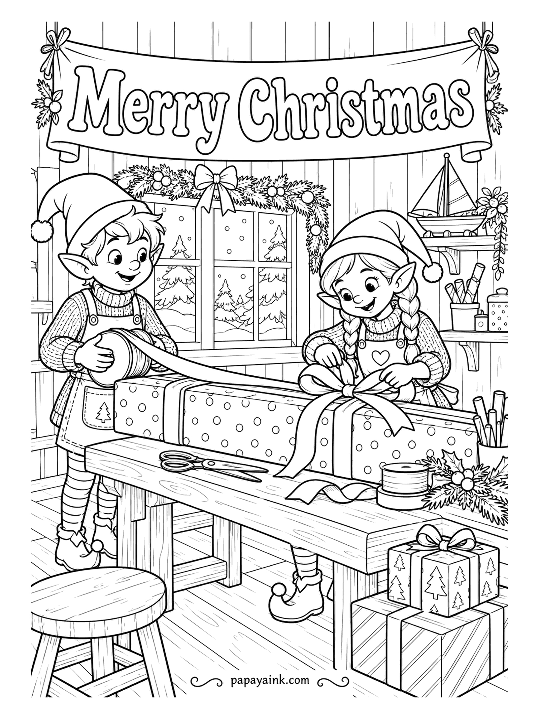 Merry Christmas Coloring Pages - Whatever is in this box, it is very long. One elf feeds ribbon off the roll while the other ties the bow, and smaller parcels pile up under the bench. Detailed - with polka-dot paper, color the dots or the background, not both.