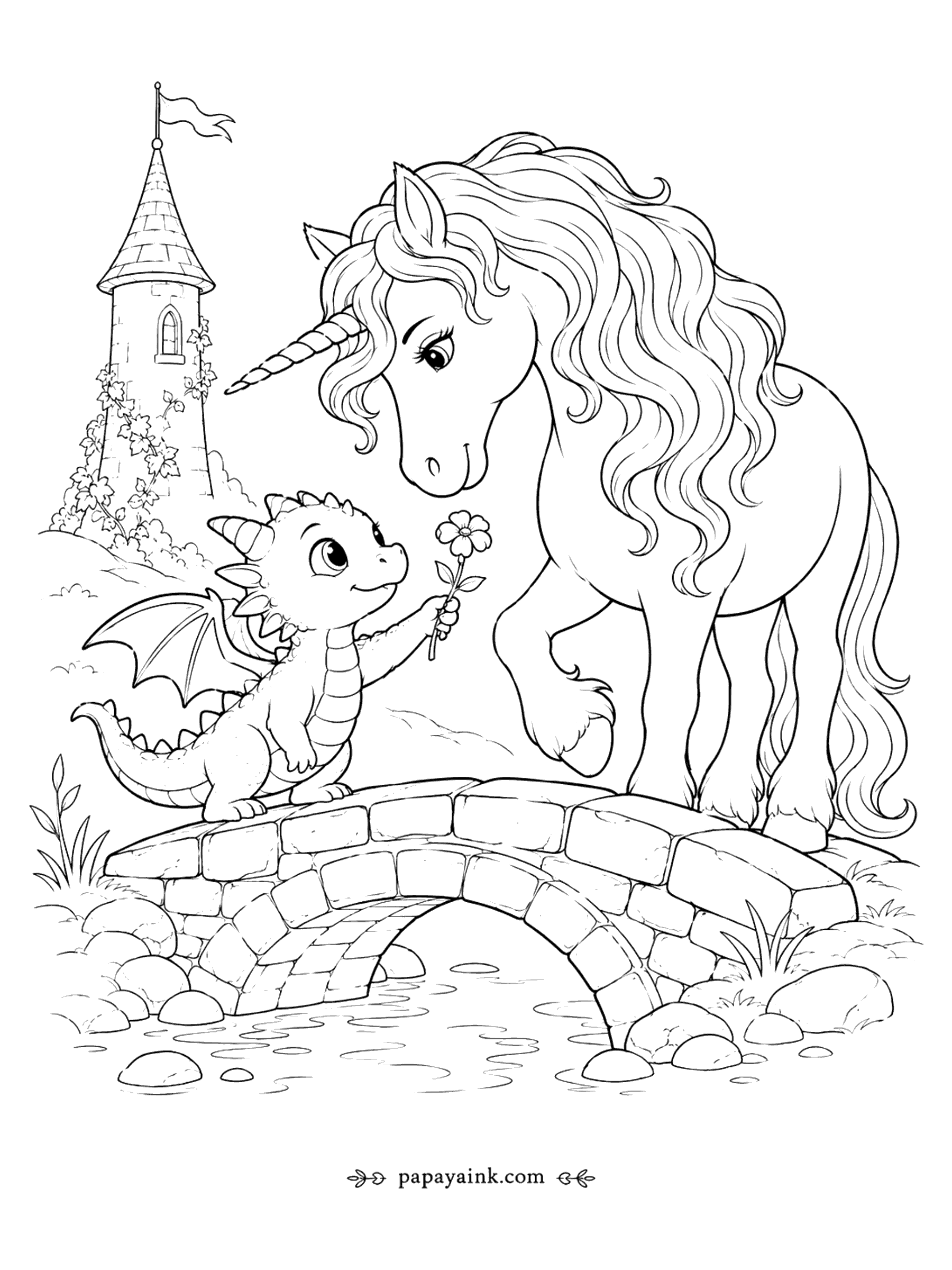 Unicorn Coloring Pages - Unicorn and Baby Dragon Coloring Page: A Flower on the Stone Bridge