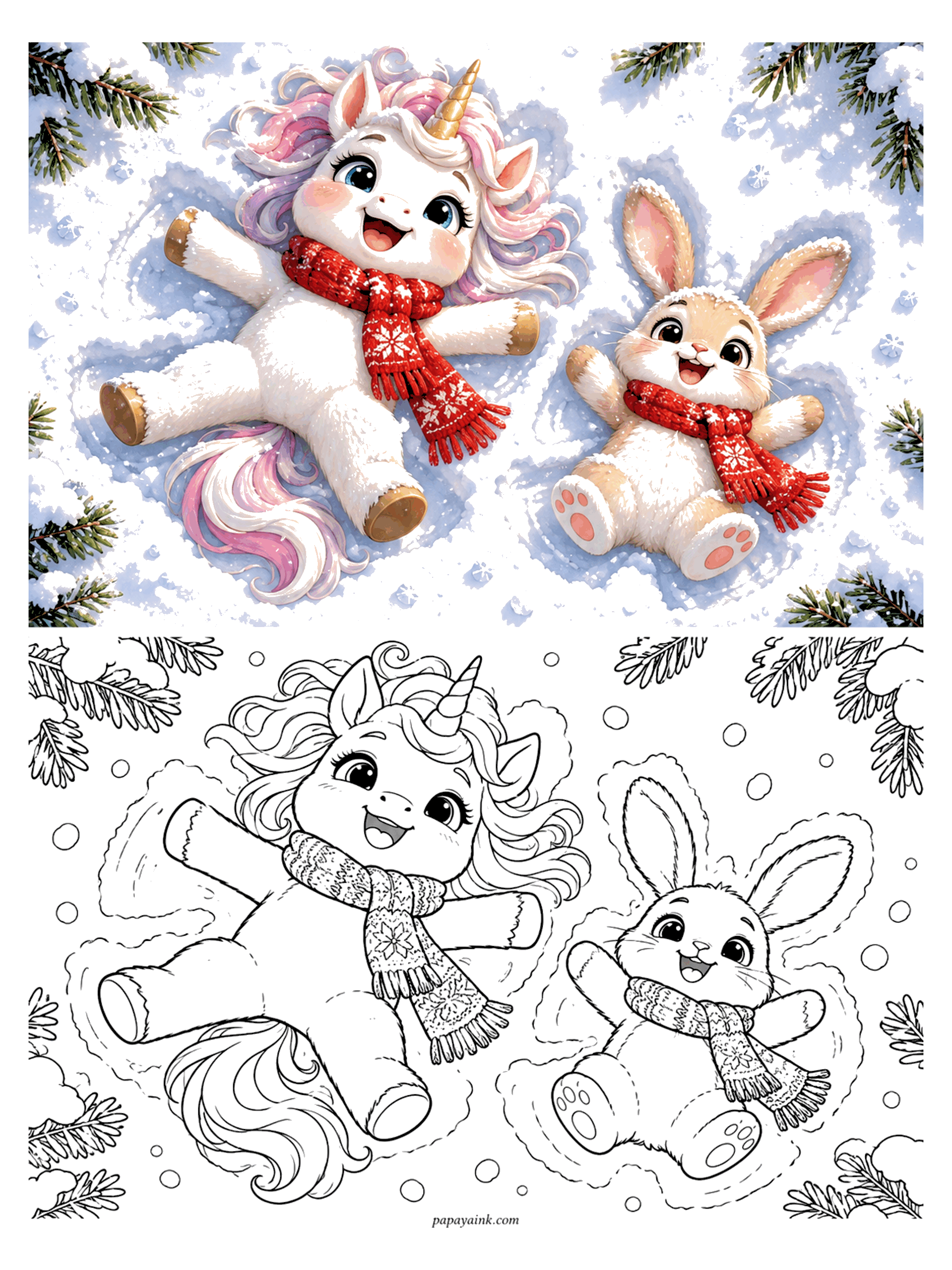 Cute Christmas Coloring Pages - A unicorn and a bunny in matching red scarves lie in the snow making snow angels.