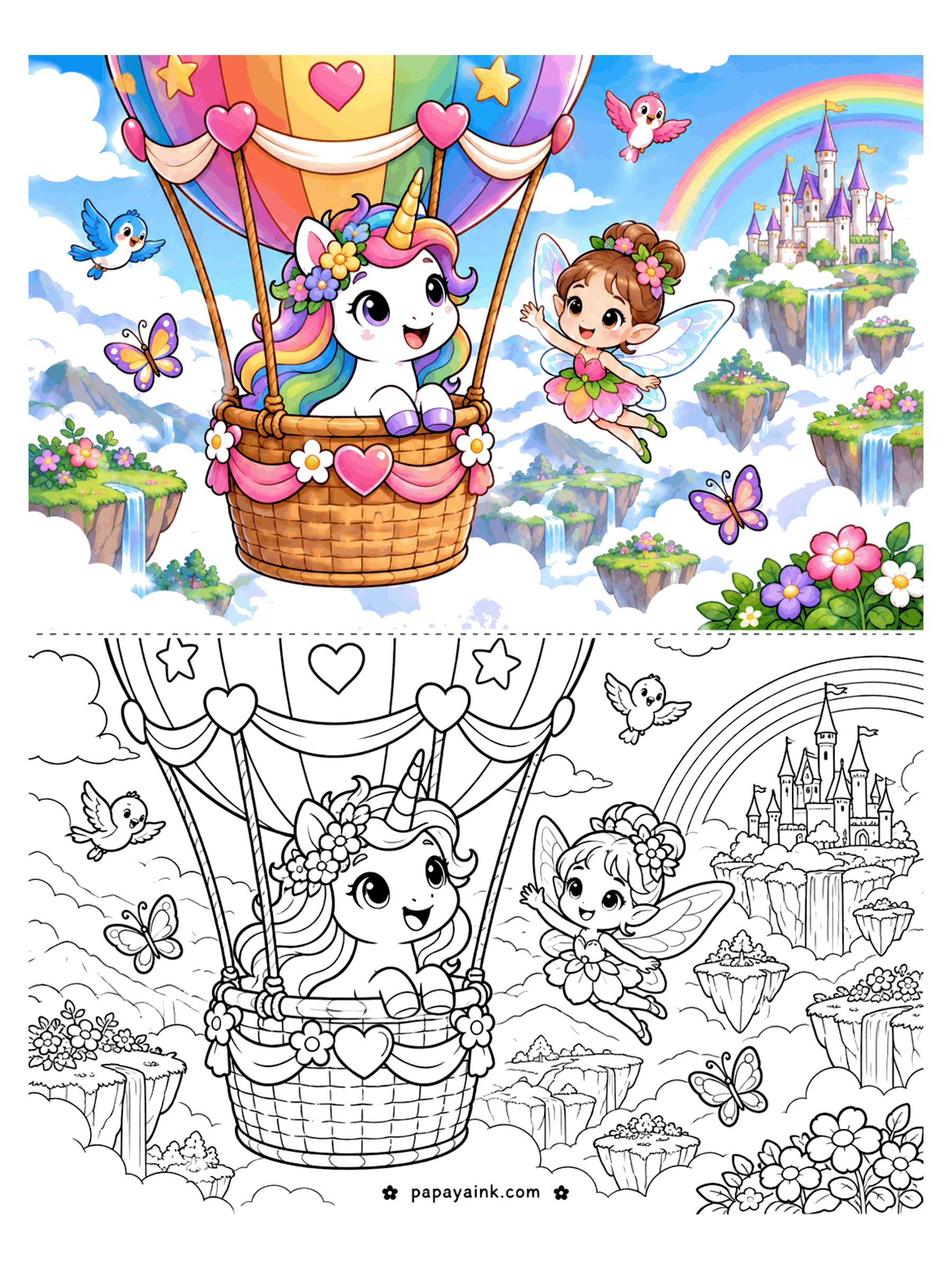 Cute Unicorn Coloring Pages - A unicorn peeks out of a hot-air balloon basket while a fairy flies alongside over floating islands, waterfalls and a distant castle.
