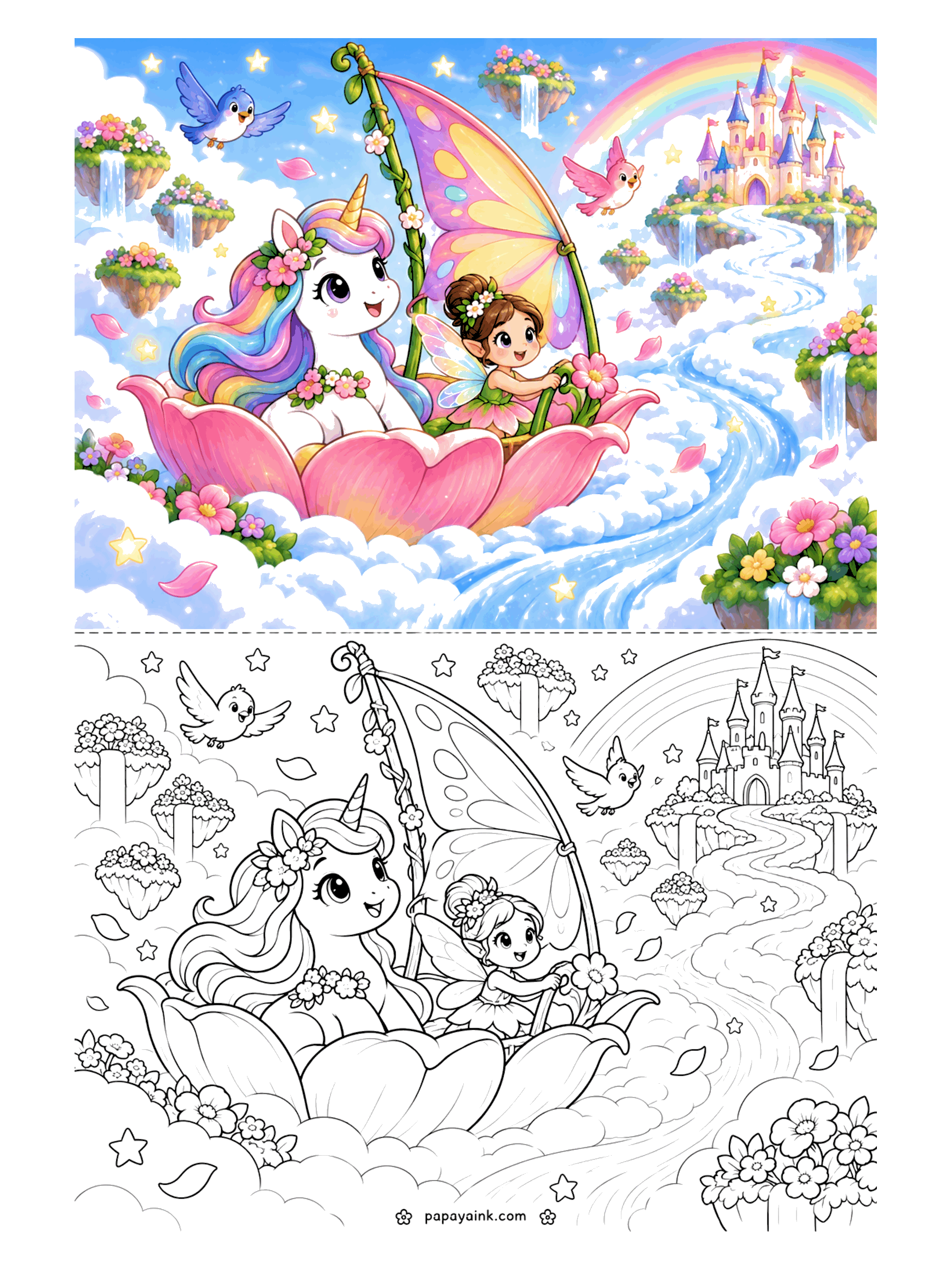Cute Unicorn Coloring Pages - A unicorn and a fairy sail a flower-petal boat with a butterfly-wing sail along a sky river toward a castle on a floating island.