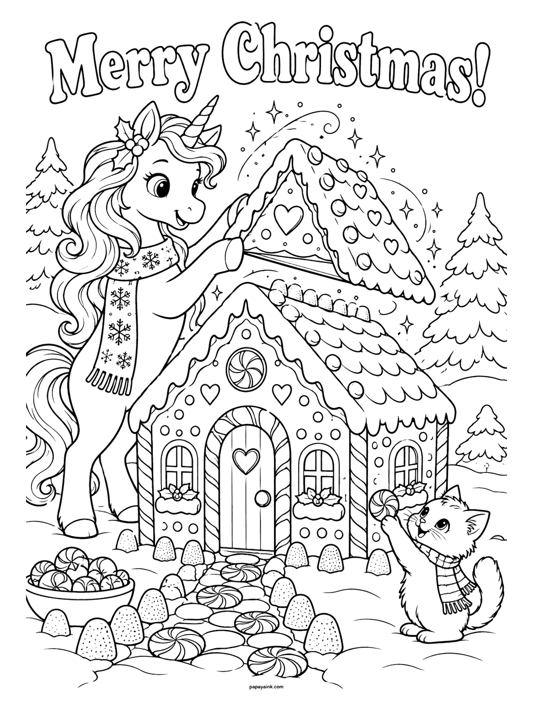 Merry Christmas Coloring Pages - A unicorn in a snowflake scarf lifts the roof onto a gingerbread house while a kitten decorates it with peppermint candies.