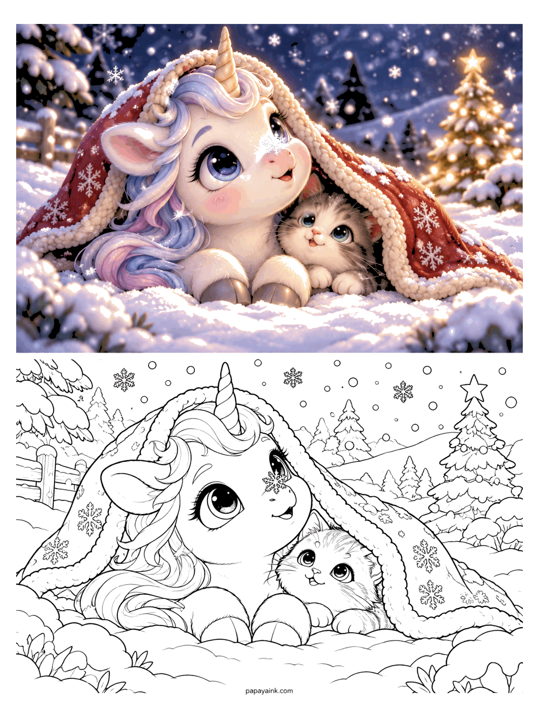 Cute Christmas Coloring Pages - A unicorn and a tabby kitten peek out from under a snowflake blanket with a lit Christmas tree behind them.
