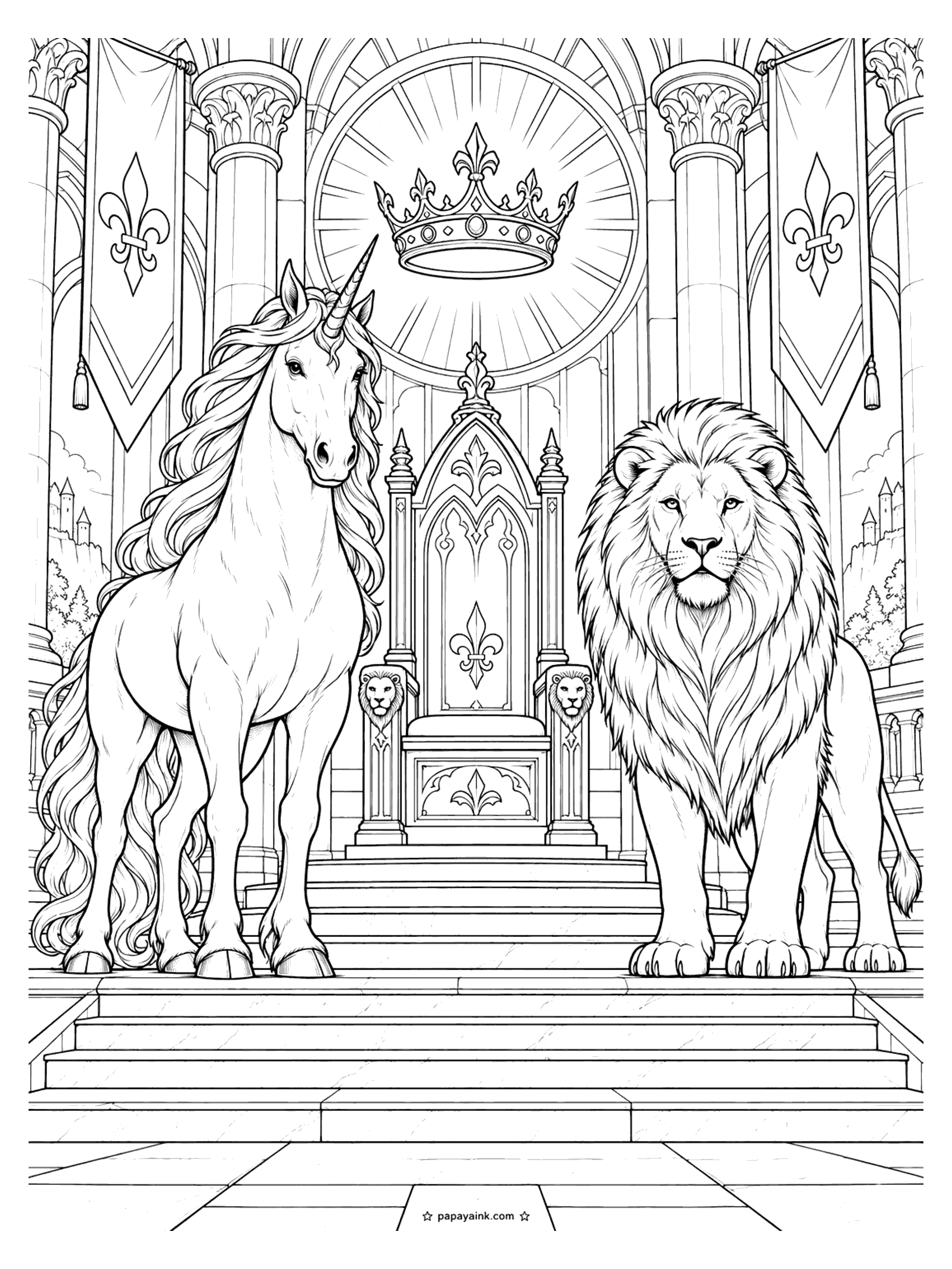 Unicorn Coloring Pages - Lion and unicorn coloring page: a unicorn and a maned lion stand guard on the marble steps of an empty throne, under a crown window, fleur-de-lis banners and tall columns. Detailed.