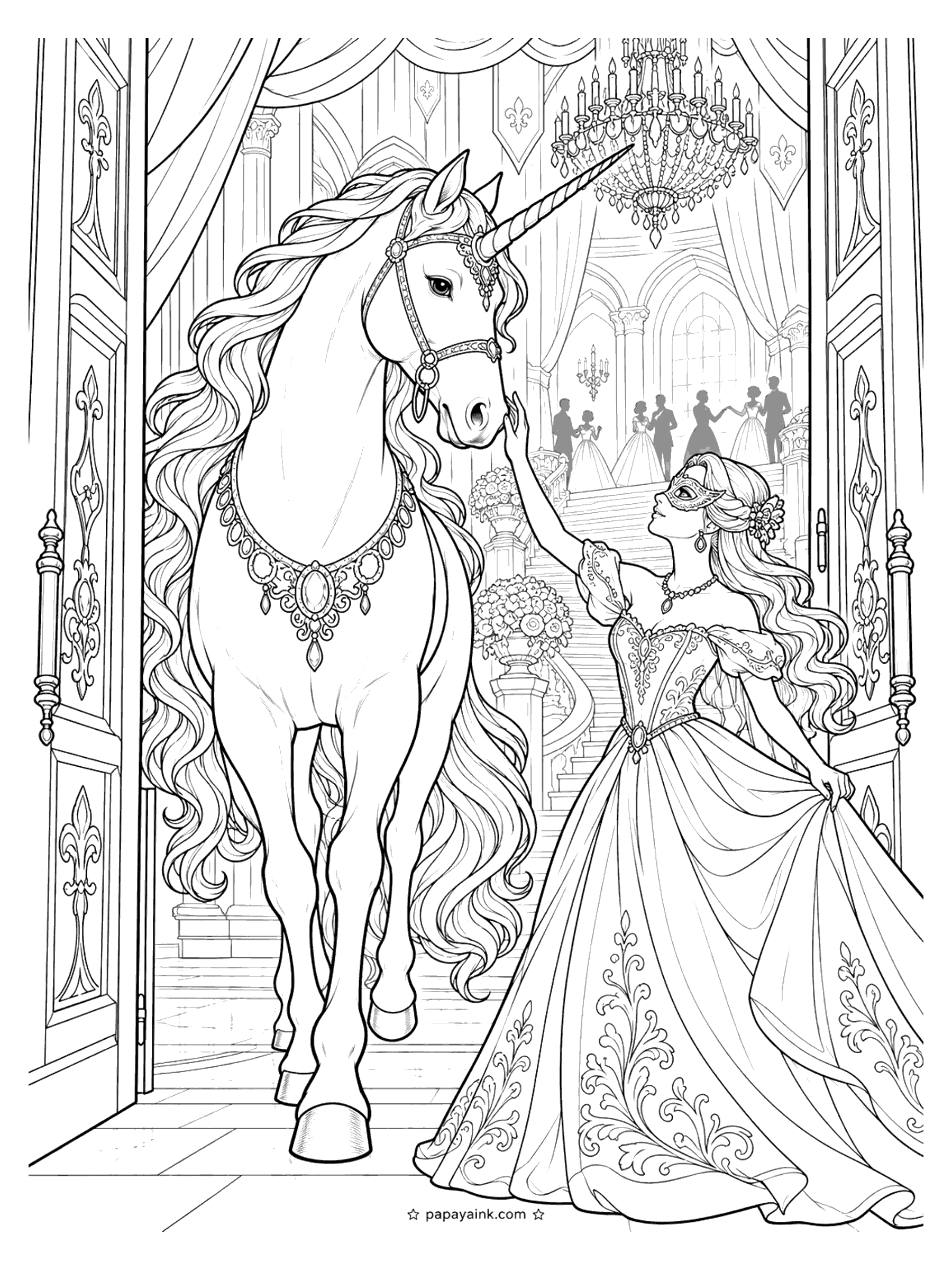 Unicorn Coloring Pages - Masquerade unicorn coloring page: a unicorn in a jeweled bridle and collar steps through carved doors to meet a princess in a mask and ball gown, with a chandelier and dancing couples in the hall beyond. Detailed.
