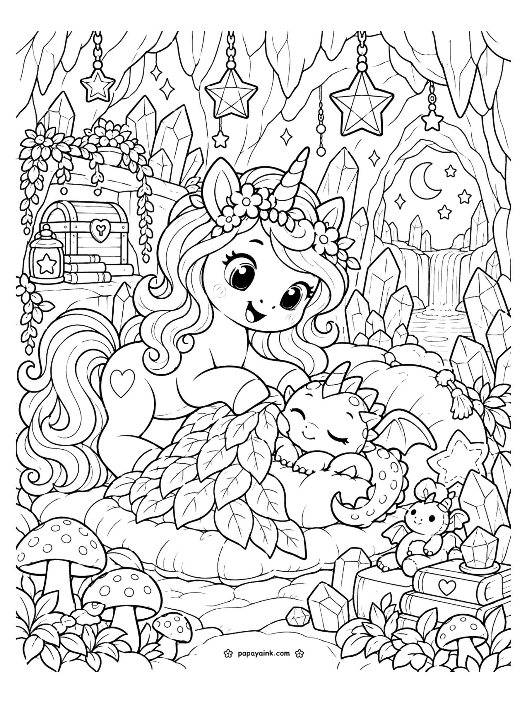 Cute Unicorn Coloring Pages - A unicorn tucks a sleeping baby dragon under a blanket of leaves in a crystal cave with hanging star lamps, a treasure chest, mushrooms and a waterfall outside. Detailed.