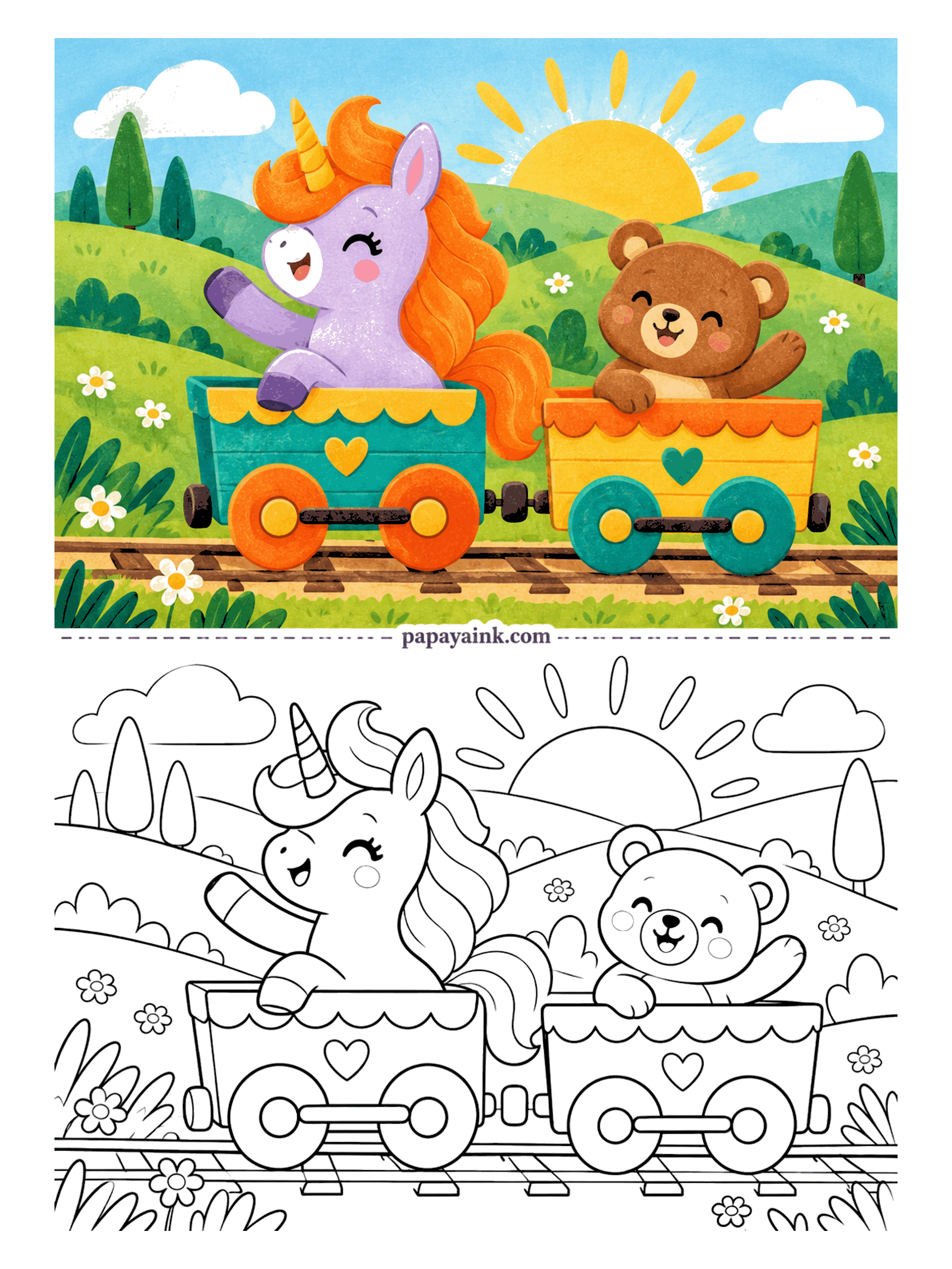 Cute Unicorn Coloring Pages - All aboard the toy train! First wagon, a laughing unicorn waving a hoof; second wagon, a teddy bear waving right back. Hearts on the sides, chunky wheels, a huge rising sun - simple shapes for bright markers.