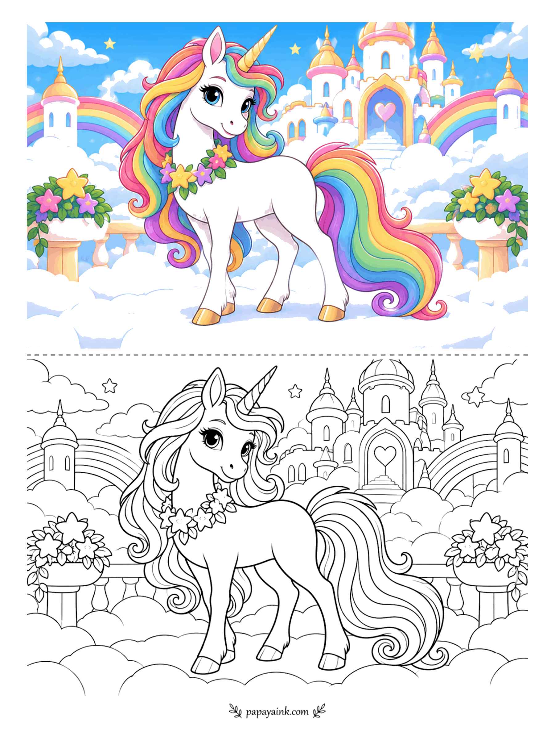 Unicorn Coloring Pages - Walking on clouds is easier when the palace is also made of them. Twin rainbows curve over the towers and a heart-shaped gate waits at the top of the stairs. Soft pastels for the clouds, full rainbow for the tail; an easy, open page.