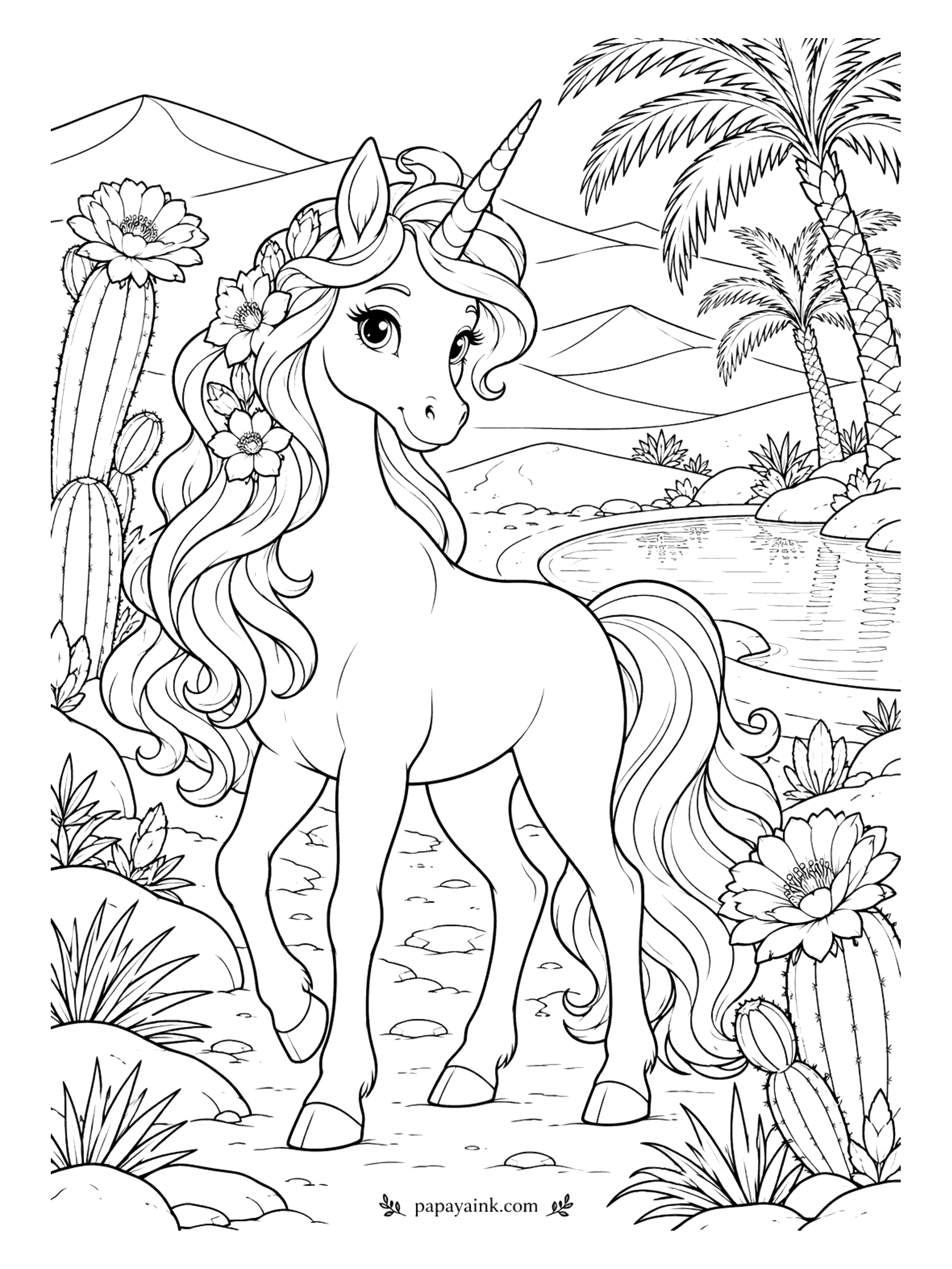 Unicorn Coloring Pages - Out in the dunes this unicorn found the one pool for miles, with palms leaning over it and cacti in bloom. Sand and stone want soft ochre and peach; save the strongest colors for the cactus flowers and the flowers in the mane. Detailed.