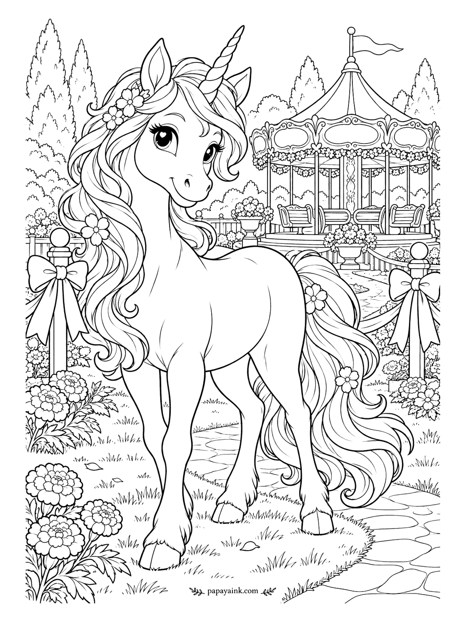 Unicorn Coloring Pages - The carousel behind her has benches instead of horses, and the unicorn seems fine with that. Ribbon bows tie up the rope fence, and marigolds fill the beds along the path. Stripe the canopy in two alternating colors. Detailed.