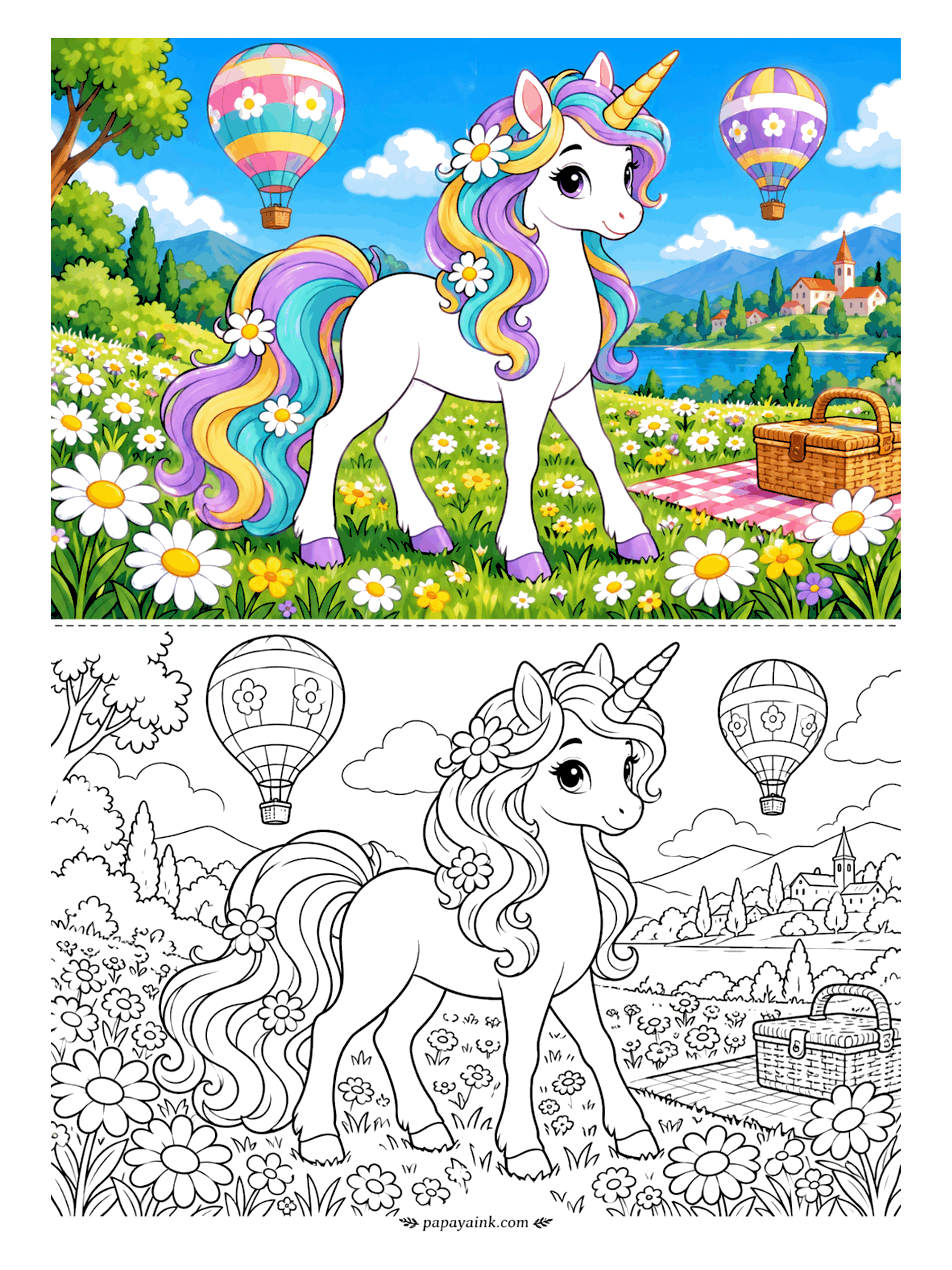 Unicorn Coloring Pages - Two hot-air balloons drift over a daisy meadow where a picnic basket sits on a checked blanket. The unicorn has a pastel rainbow mane and purple hooves to match. Stripe the balloons in different colors so they read apart in the sky.