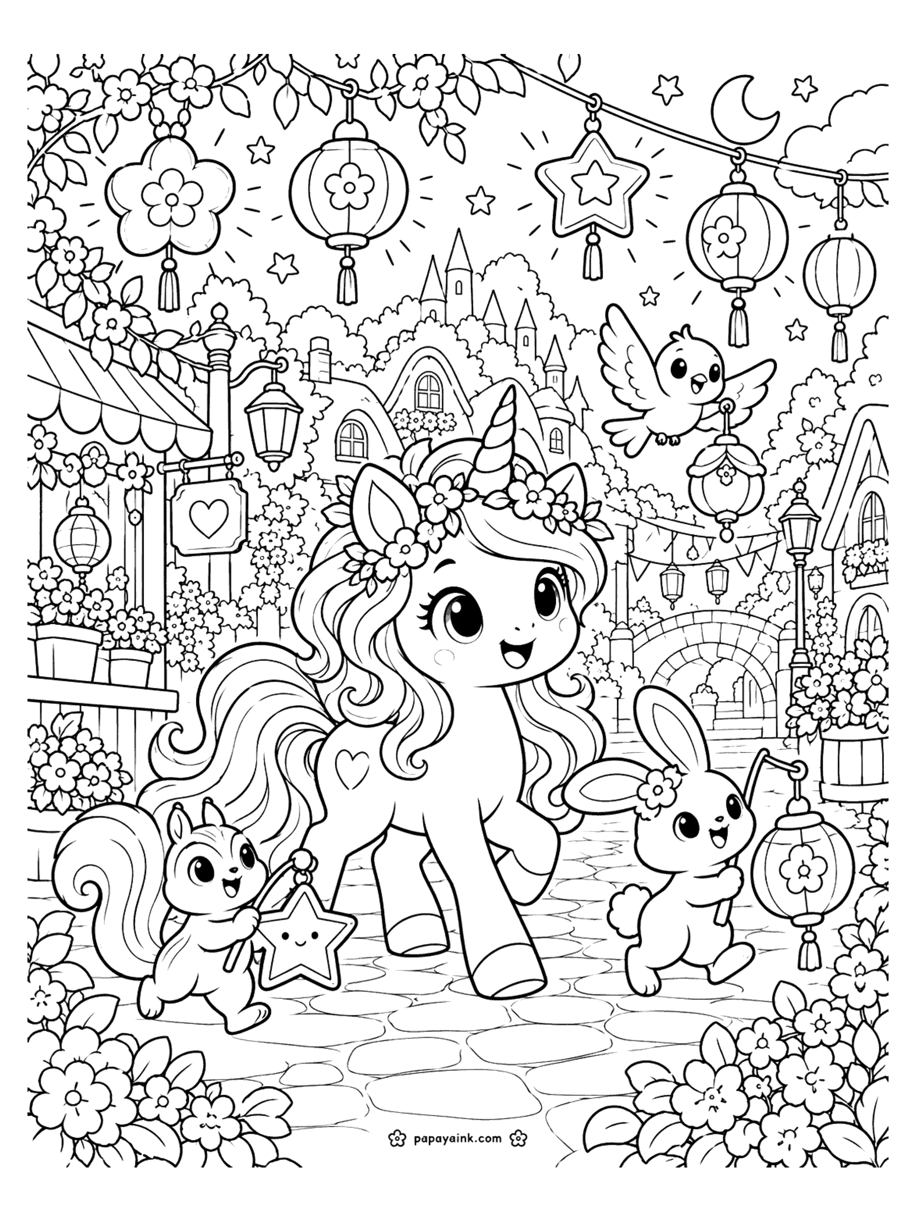 Cute Unicorn Coloring Pages - A unicorn trots down a cobbled village street under strings of paper lanterns while a squirrel and a bunny carry star and flower lanterns beside her. Detailed.