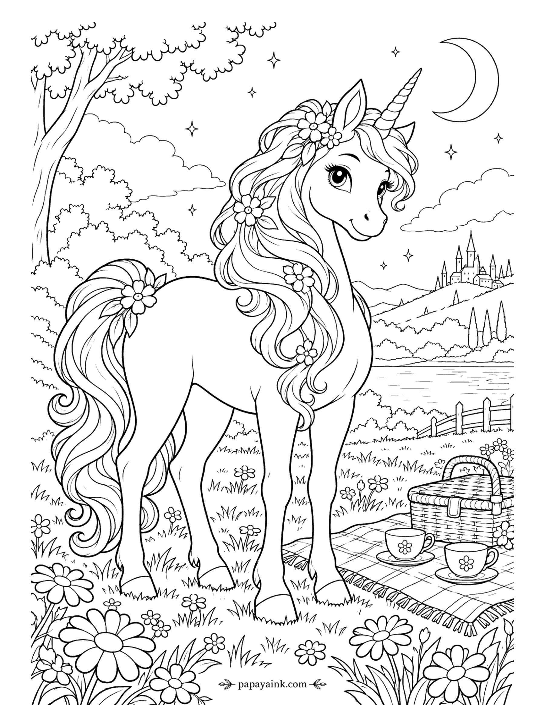 Unicorn Coloring Pages - Two teacups are set out on the checked blanket, so a second guest must be on the way. The moon is up, the lake is still, and a castle sits on the far hill. Try a navy sky over a picnic in warm colors.