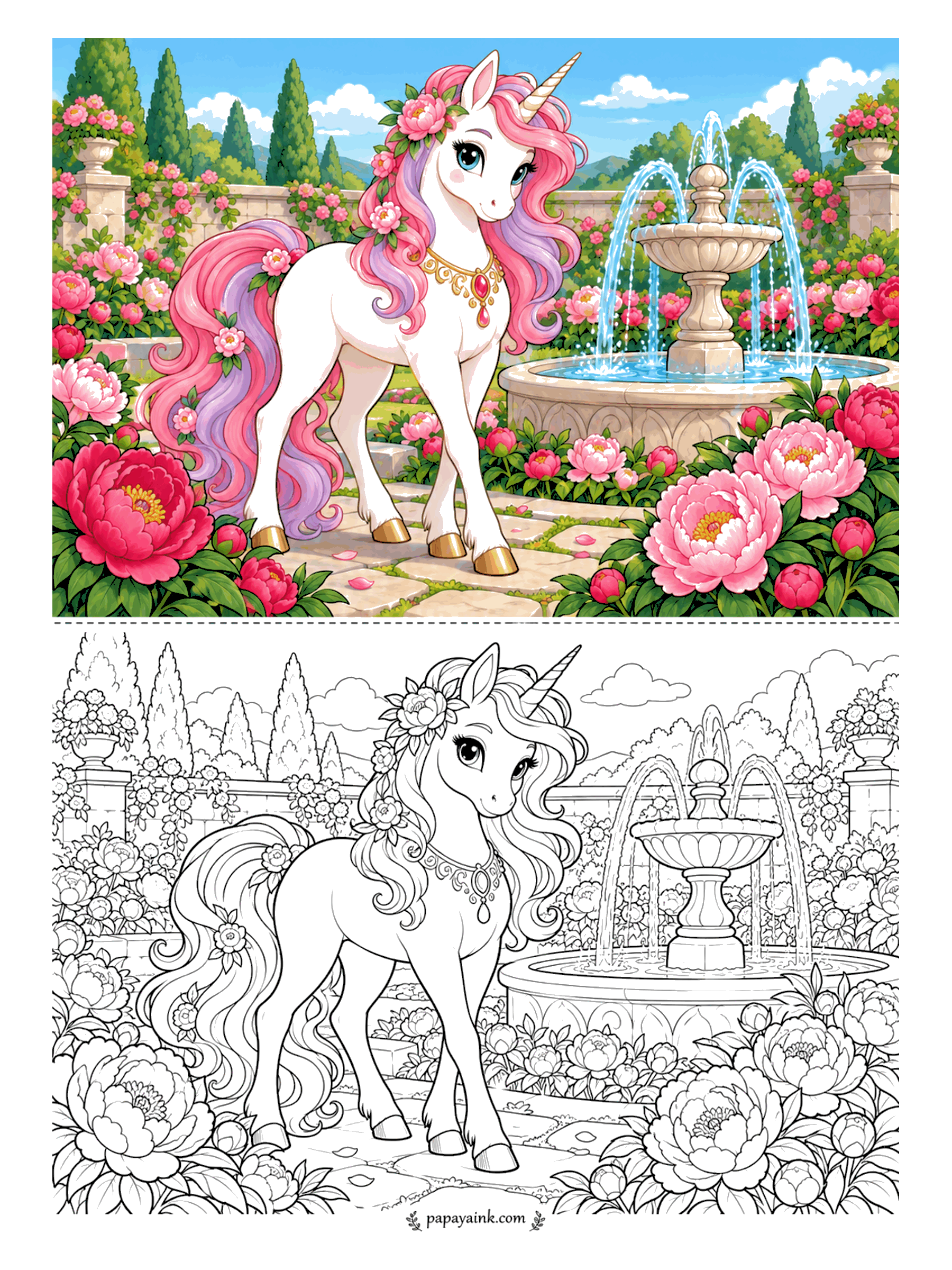 Unicorn Coloring Pages - A walled garden with a tiered fountain and peonies at every size, from bud to full bloom. The unicorn wears a ruby necklace and a peony behind one ear. Magenta, coral and blush pink in the flowers; warm gray for the stone. Detailed.