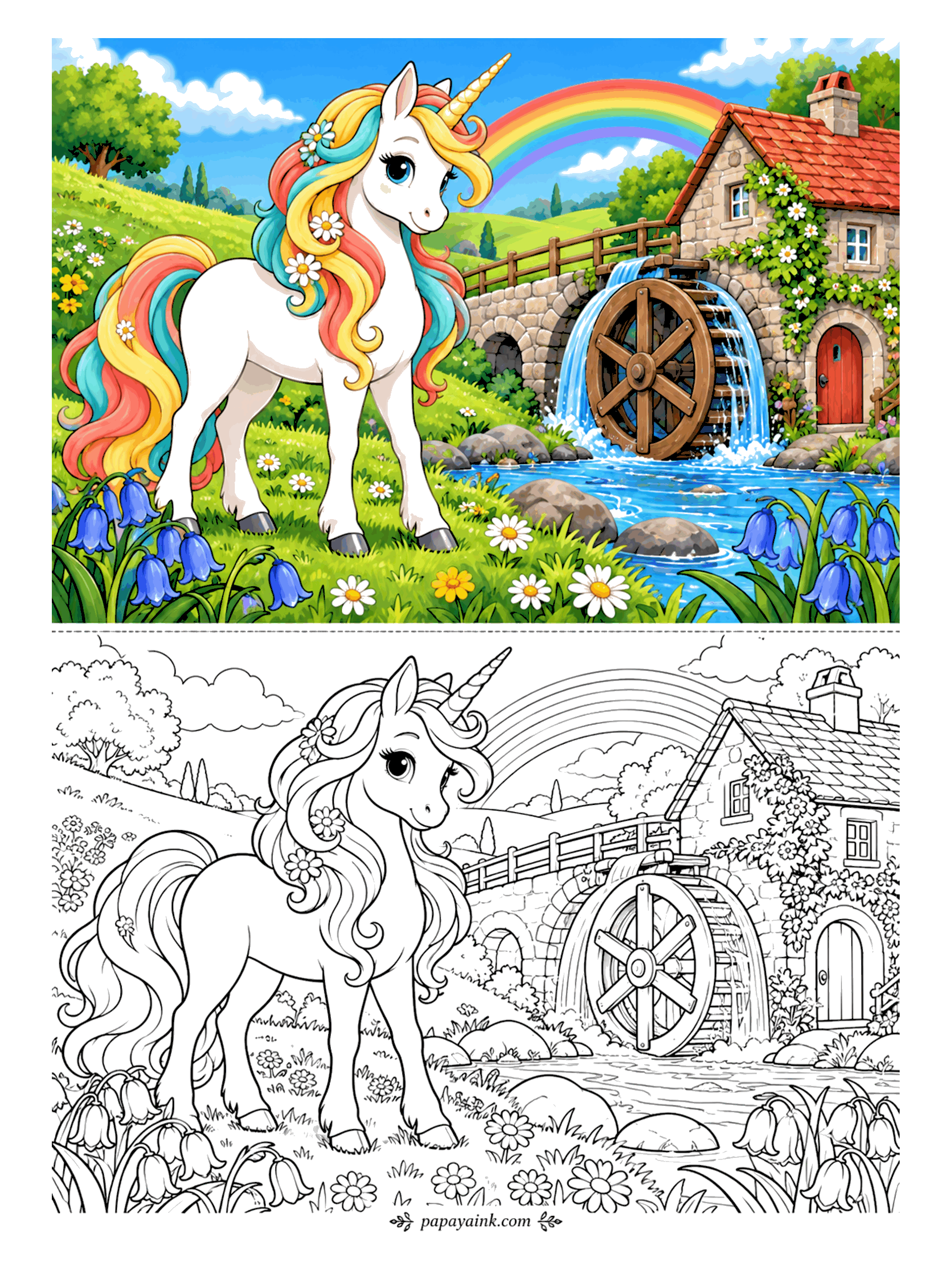 Unicorn Coloring Pages - A stone mill, a turning waterwheel and a rainbow landing right behind the chimney. The unicorn has stopped in the bluebells to watch the wheel go around. Leave the rainbow bands crisp and the water loose and splashy.