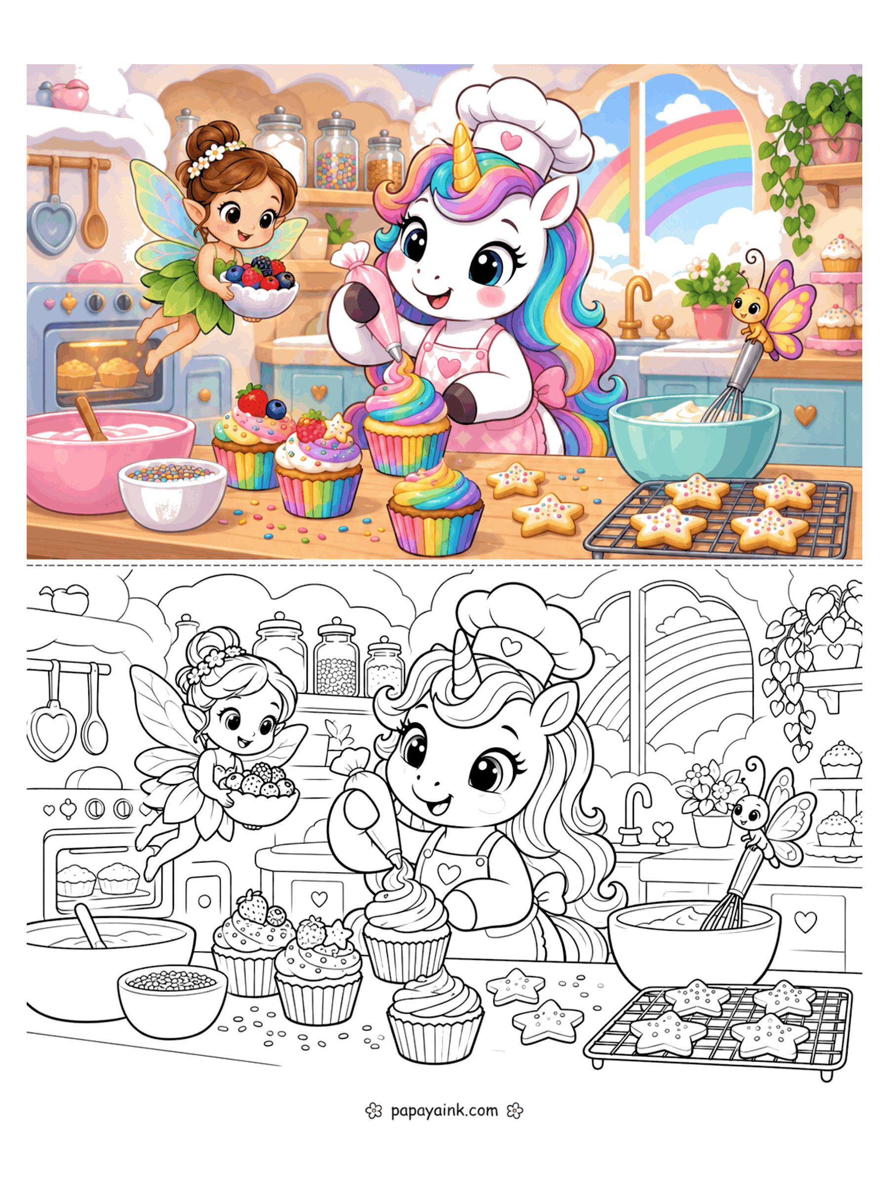 Cute Unicorn Coloring Pages - A unicorn in a chef hat pipes frosting onto cupcakes in a cozy kitchen while a fairy brings berries and star cookies cool on a rack. Detailed.