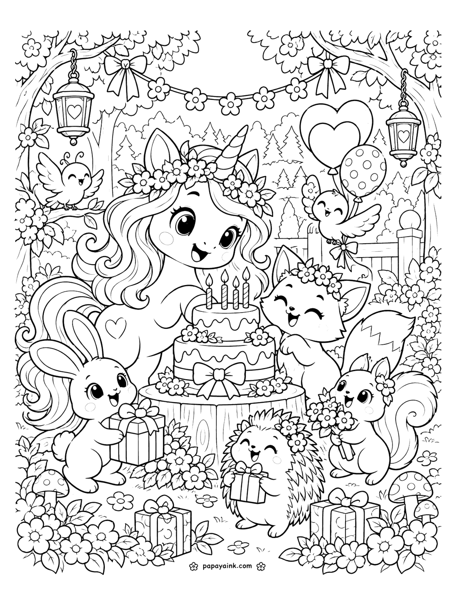 Cute Unicorn Coloring Pages - A unicorn lights the candles on a birthday cake set on a tree stump while a fox, a bunny, a squirrel and a hedgehog bring gifts and balloons. Detailed.