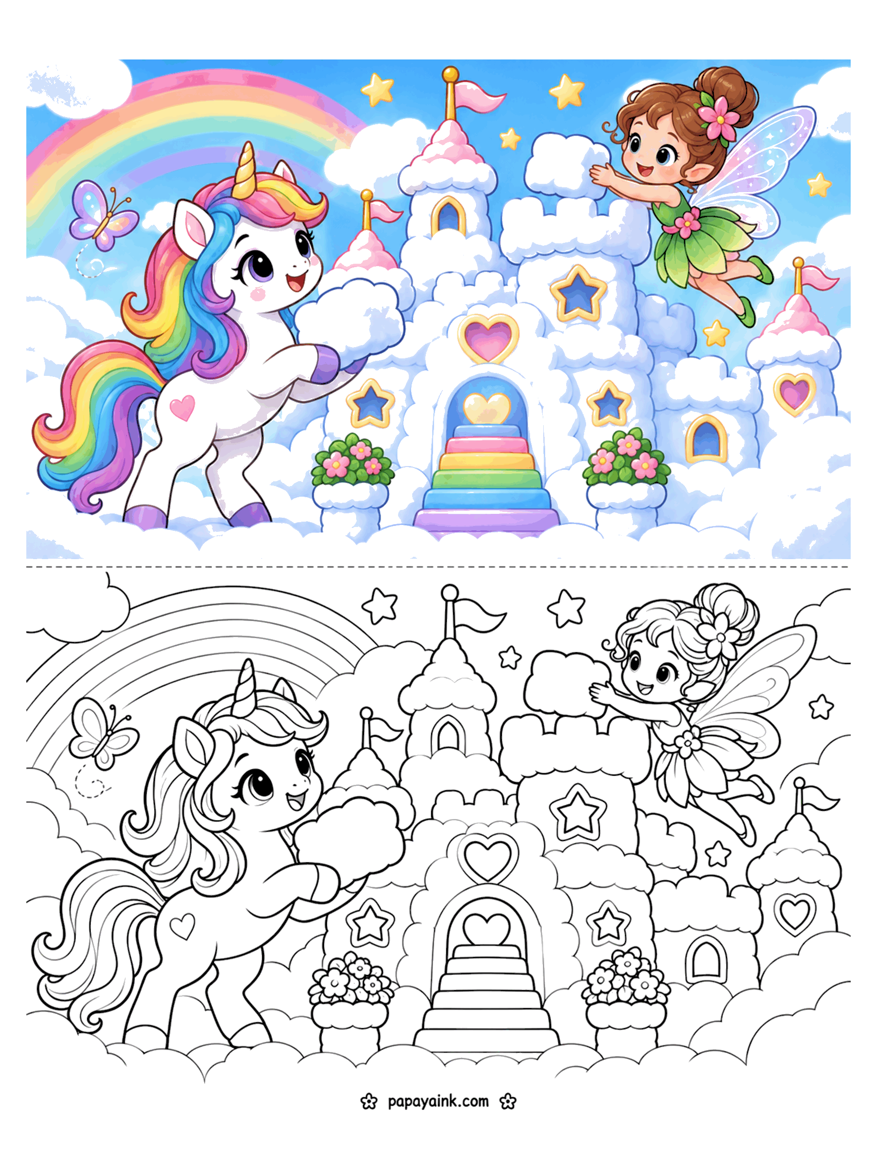 Cute Unicorn Coloring Pages - A rainbow unicorn and a fairy stack fluffy cloud blocks onto a castle with heart and star windows, a rainbow staircase and flowerpots at the gate. Detailed.