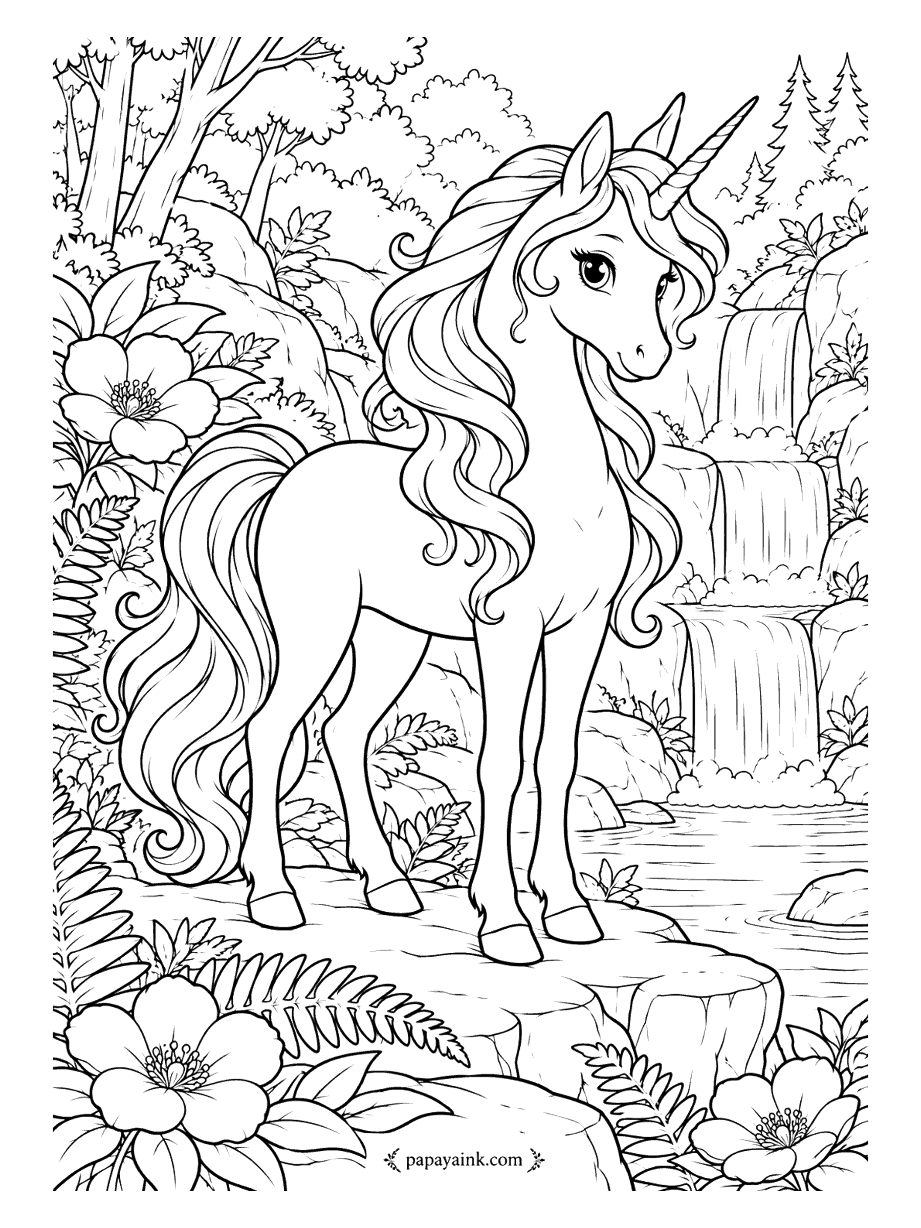 Unicorn Coloring Pages - A two-step waterfall spills into a quiet pool, and the unicorn has climbed onto the rock ledge for a better view. Ferns and wild roses fill the corners. Big open shapes and fewer tiny details than most pages here; a good one to start with.