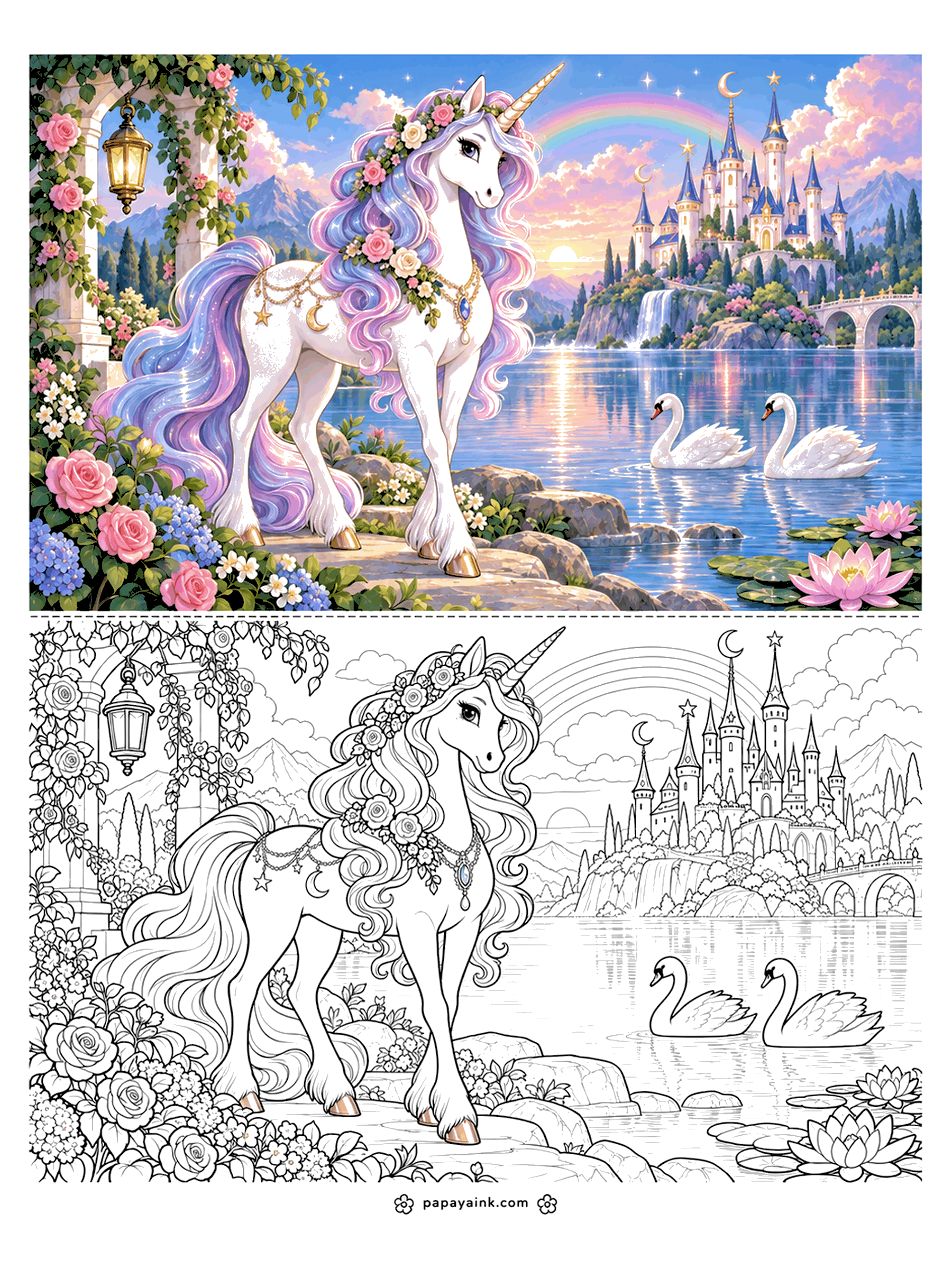 Unicorn Coloring Pages - Unicorn Coloring Page with Color Sample: a unicorn with roses in its mane stands on a lake shore at sunset with two swans, a rainbow, a lantern arch and a castle topped with moons and stars. Detailed.
