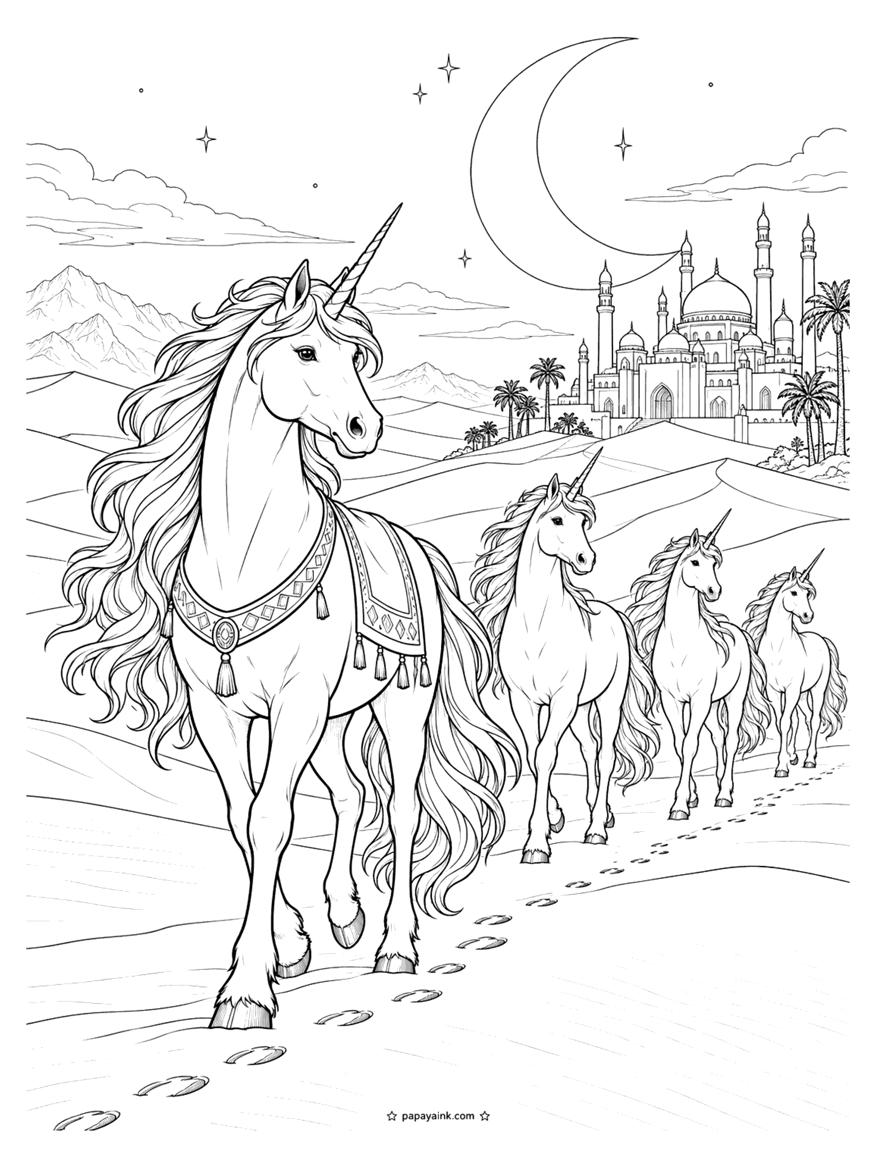Unicorn Coloring Pages - Desert unicorn coloring page: a unicorn in a tasseled saddle blanket leads a line of unicorns over the dunes, hoofprints in the sand, toward a domed palace with minarets and palms under a giant crescent moon.
